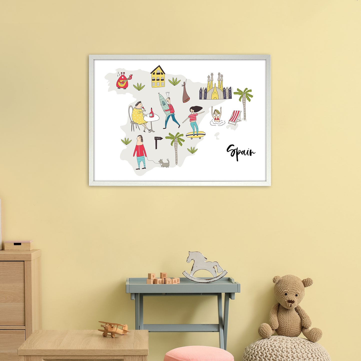 Spain Map Art Print by Pixy Paper A1 Oak Frame