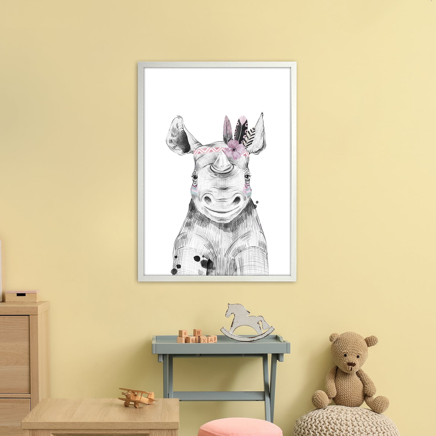Safari Babies Rhino With Head Feathers Art Print by Pixy Paper A1 Oak Frame