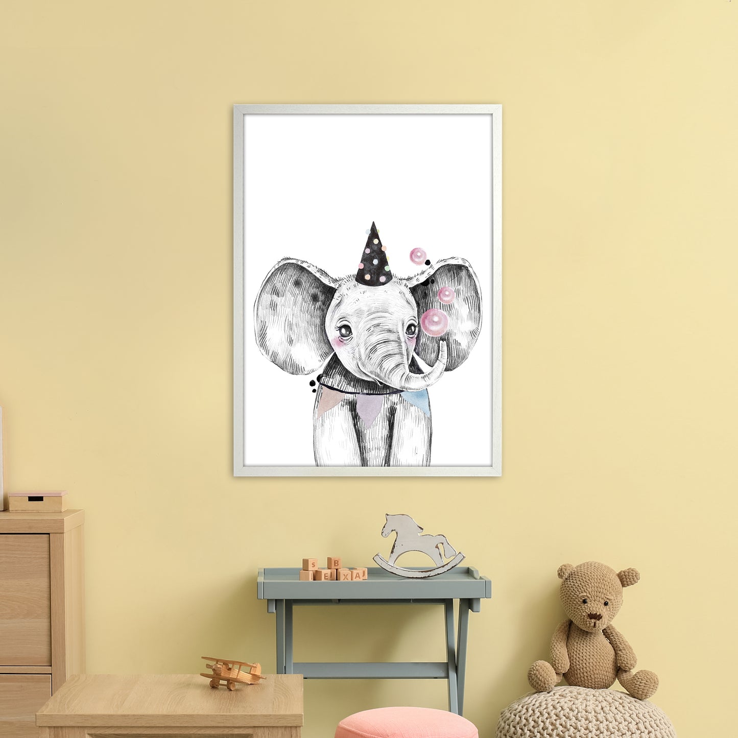 Safari Babies Elephant With Party Hat Art Print by Pixy Paper A1 Oak Frame