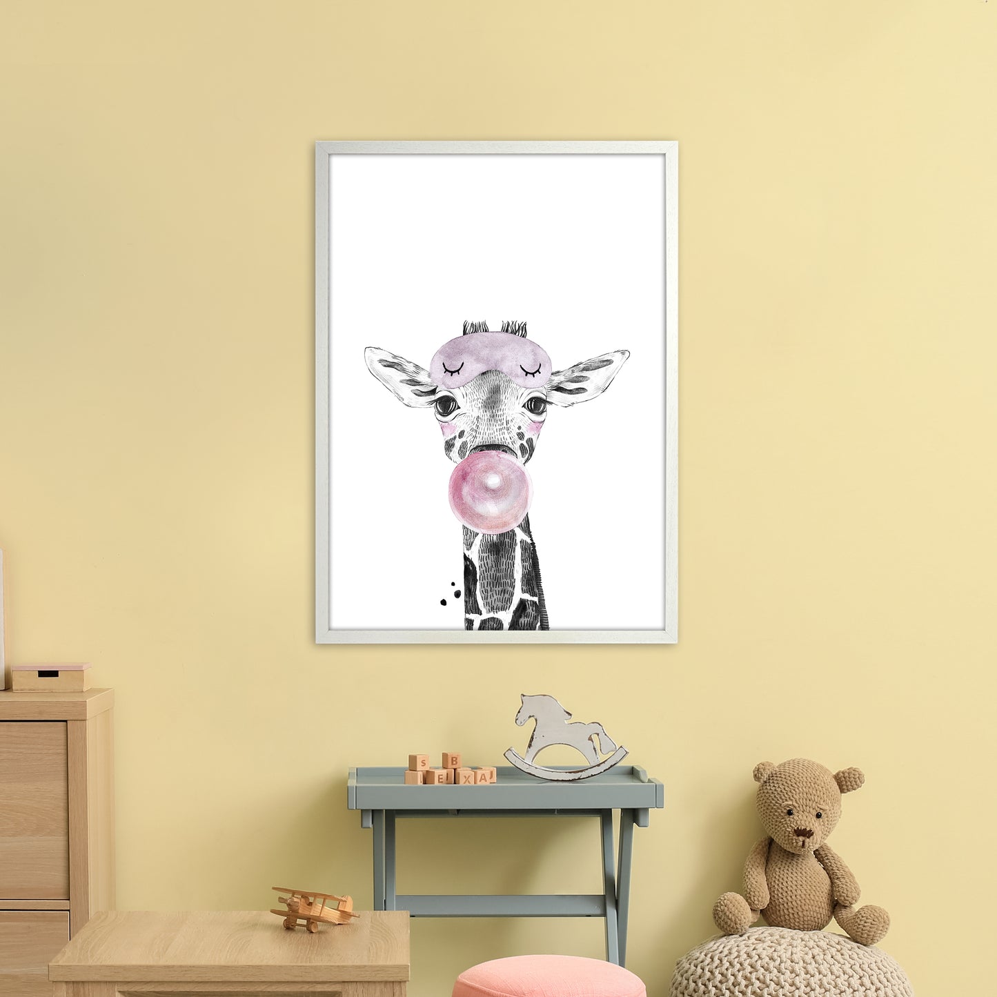 Safari Babies Giraffe With Bubble Art Print by Pixy Paper A1 Oak Frame