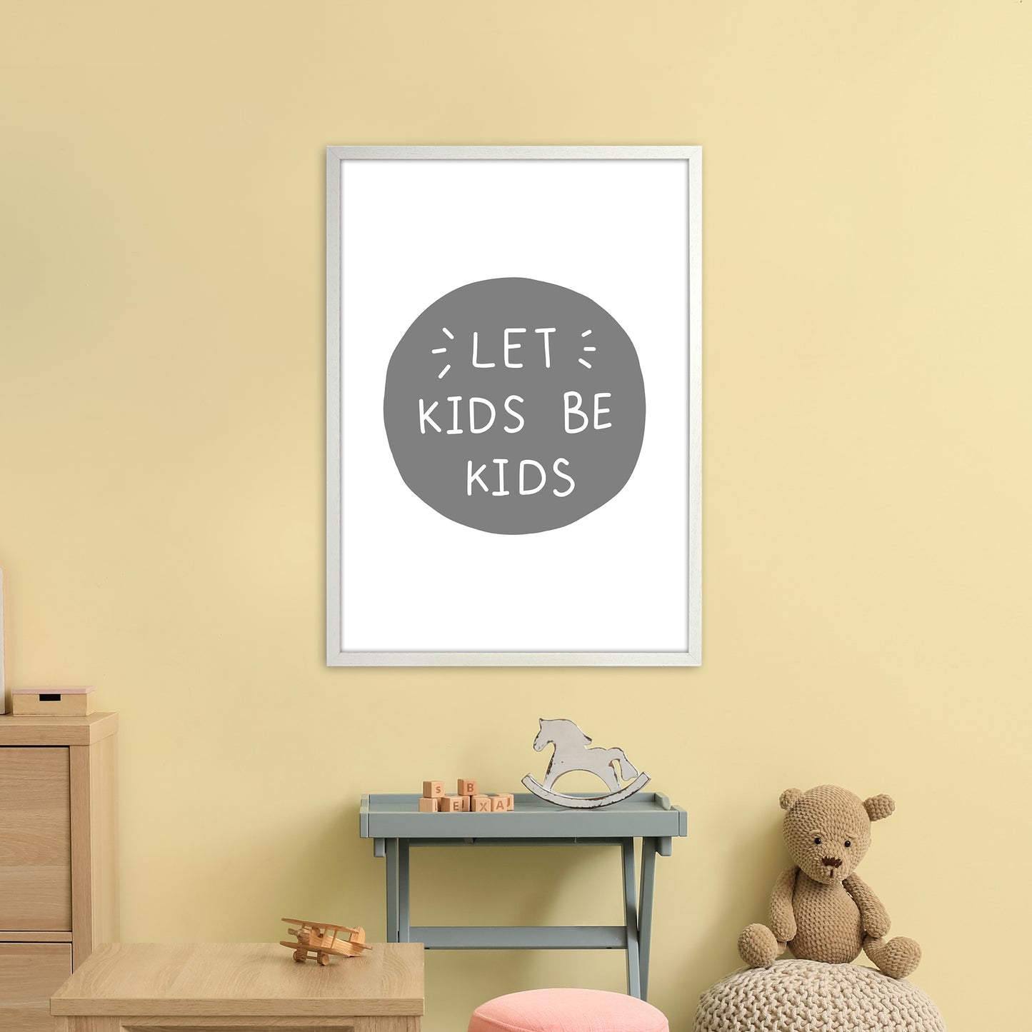 Let Kids Be Kids Super Scandi Grey Art Print by Pixy Paper A1 Oak Frame