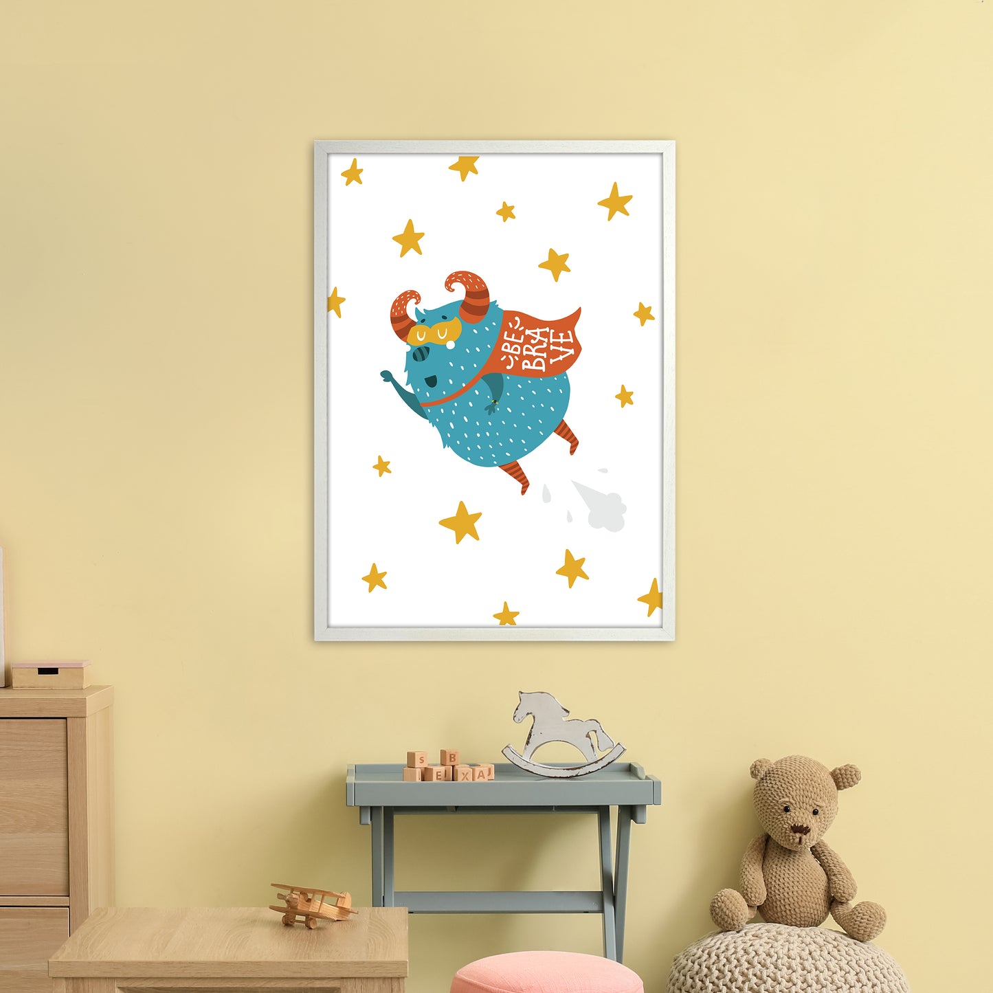 Little Monsters Flying Be Brave Art Print by Pixy Paper A1 Oak Frame