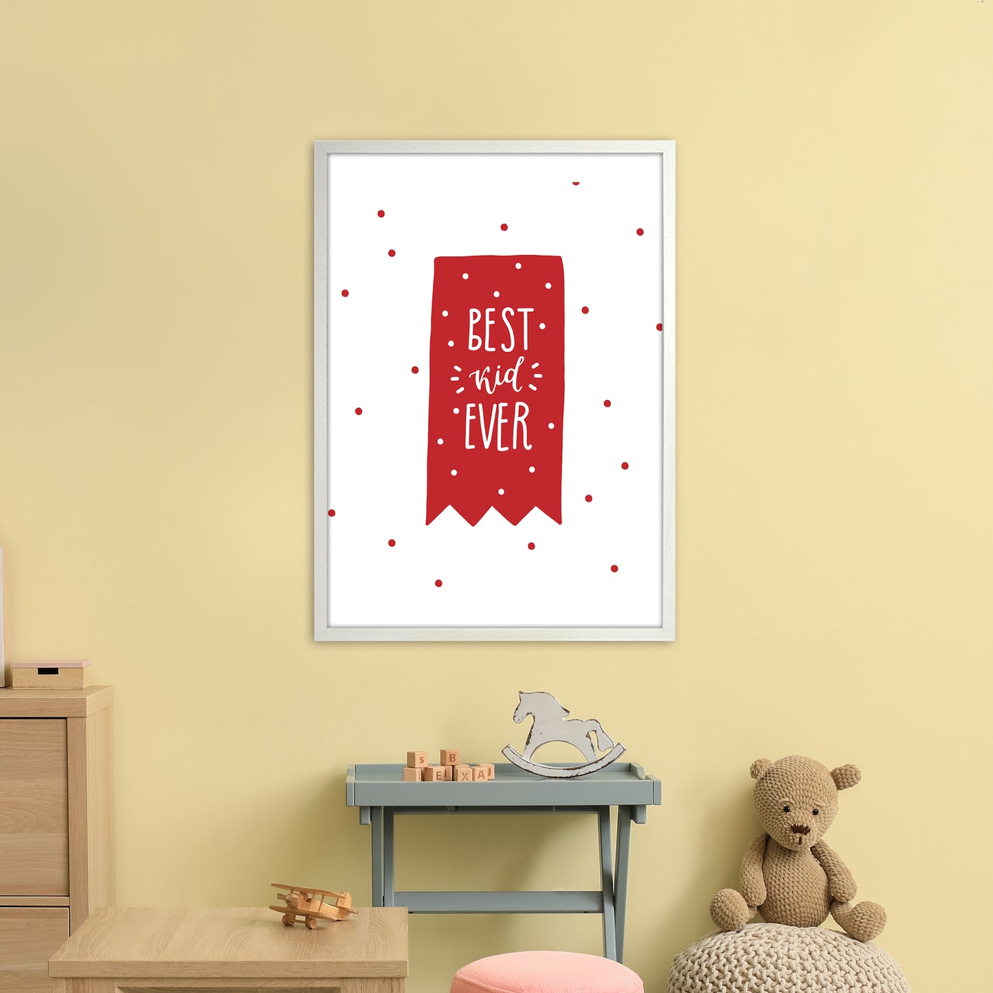 Best Kid Ever Red Super Scandi Art Print by Pixy Paper A1 Oak Frame
