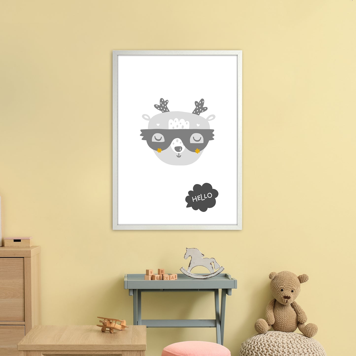 Hello Animal Super Scandi Grey Art Print by Pixy Paper A1 Oak Frame