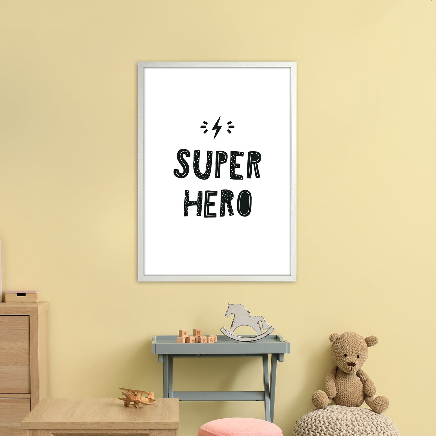 Super Hero Black Super Scandi Art Print by Pixy Paper A1 Oak Frame