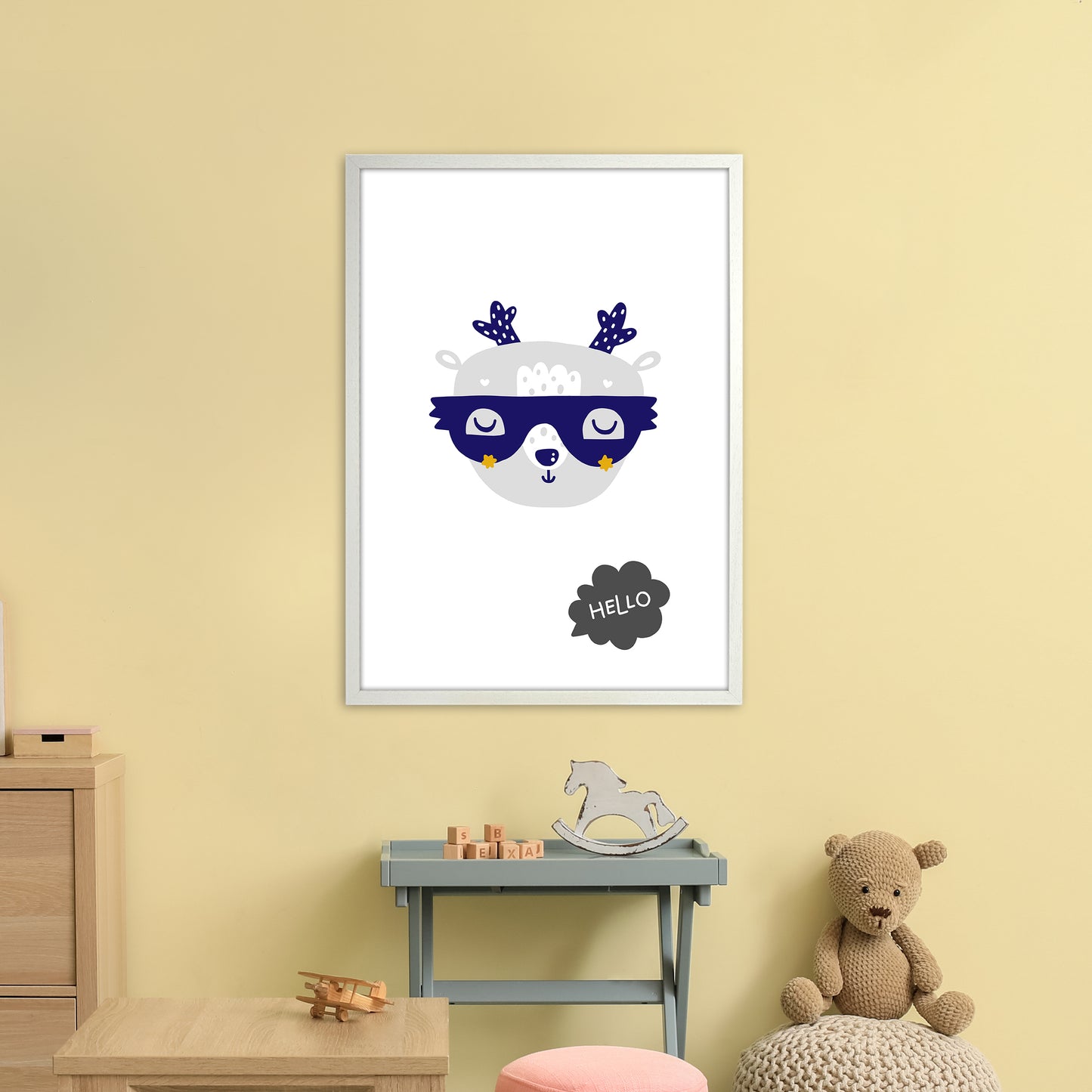 Hello Animal Navy Uper Scandi Art Print by Pixy Paper A1 Oak Frame