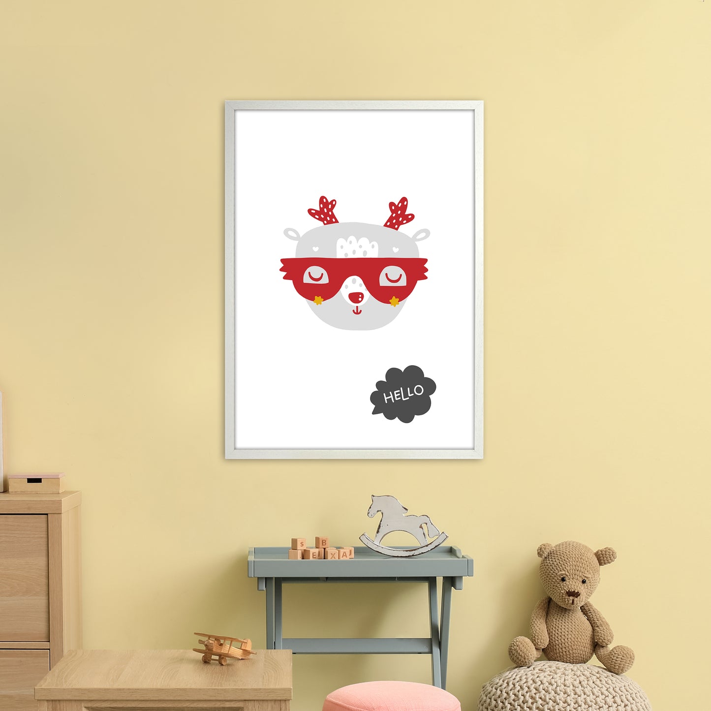 Hello Animal Red Super Scandi Art Print by Pixy Paper A1 Oak Frame