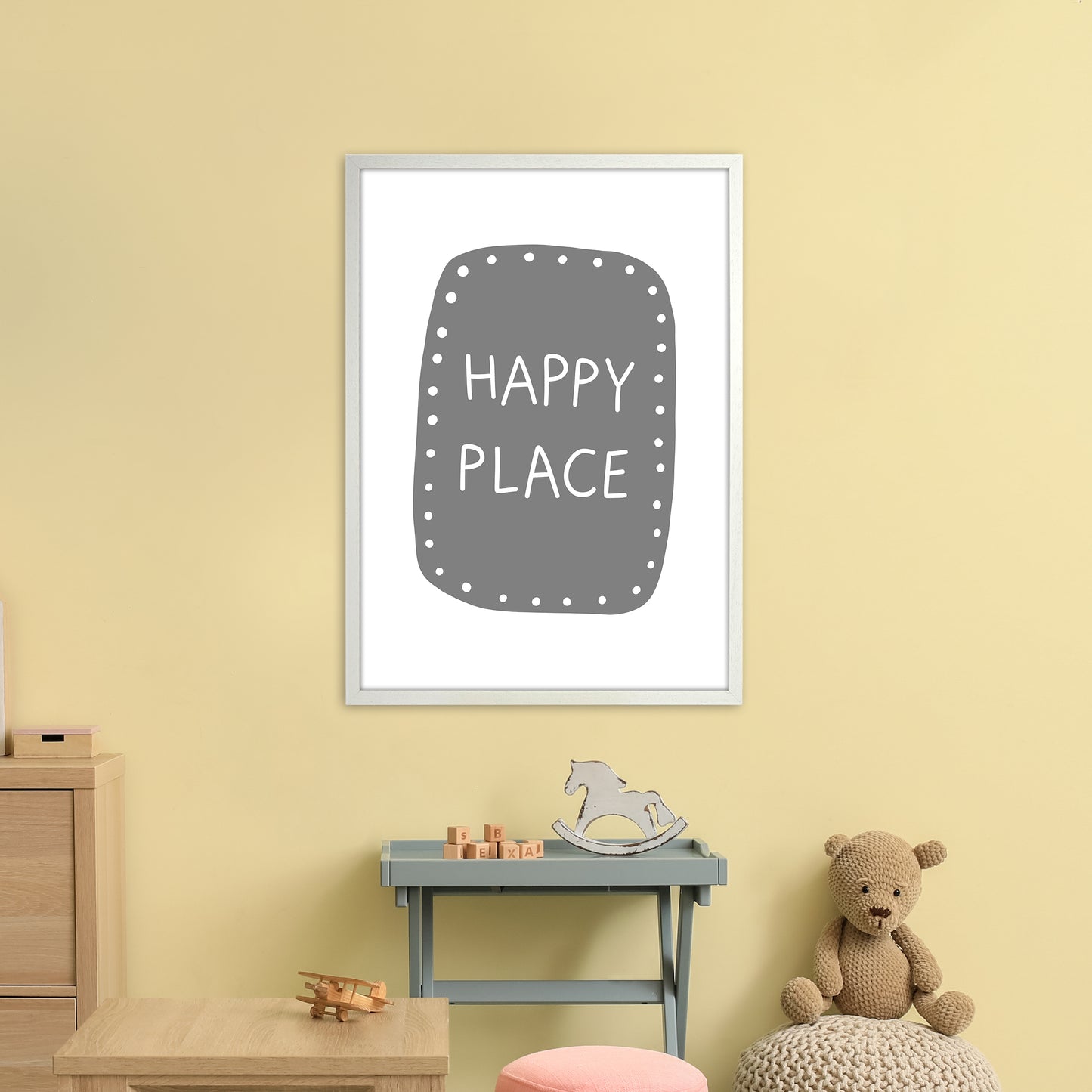 Happy Place Super Scandi Grey Art Print by Pixy Paper A1 Oak Frame