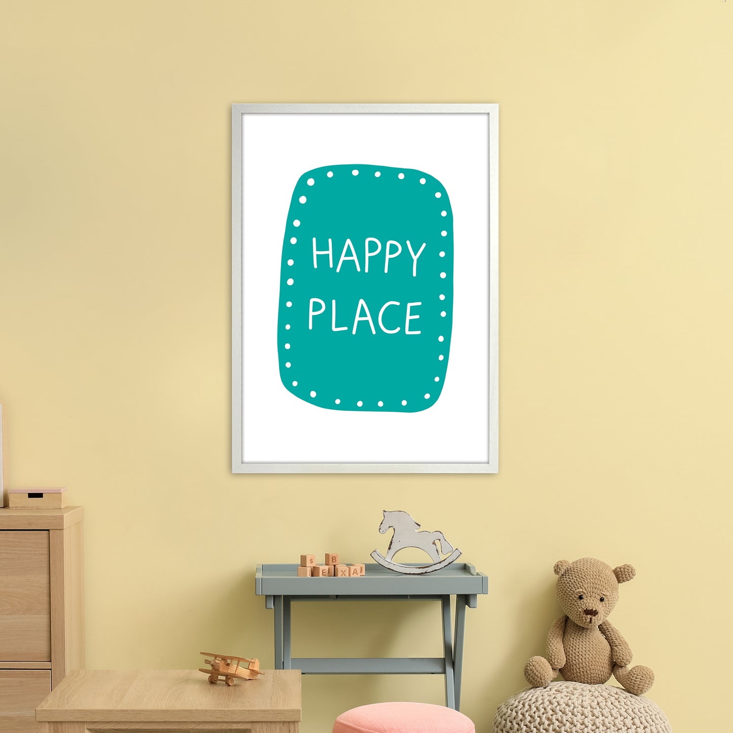 Happy Place Teal Super Scandi Art Print by Pixy Paper A1 Oak Frame