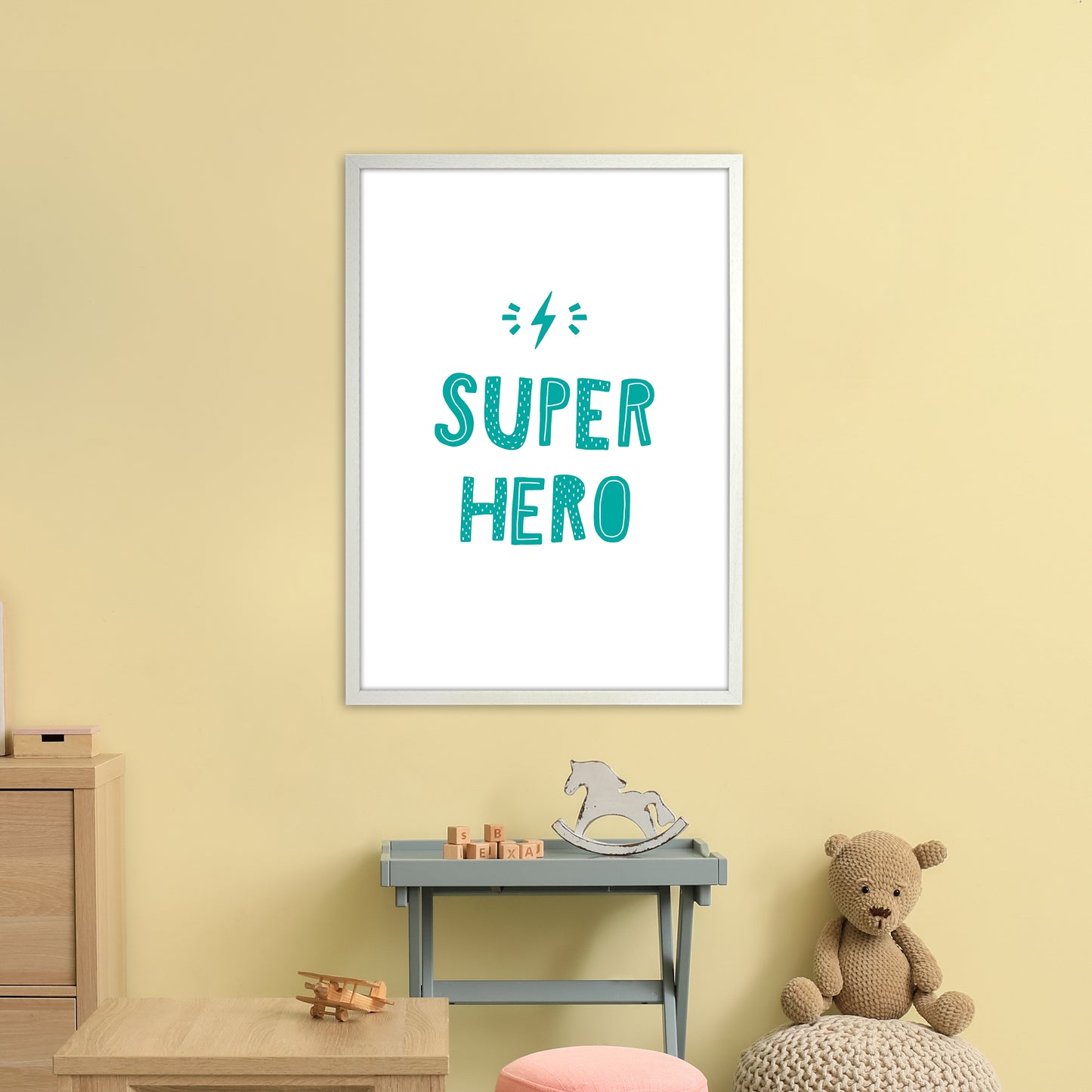 Super Hero Teal Super Scandi Art Print by Pixy Paper A1 Oak Frame