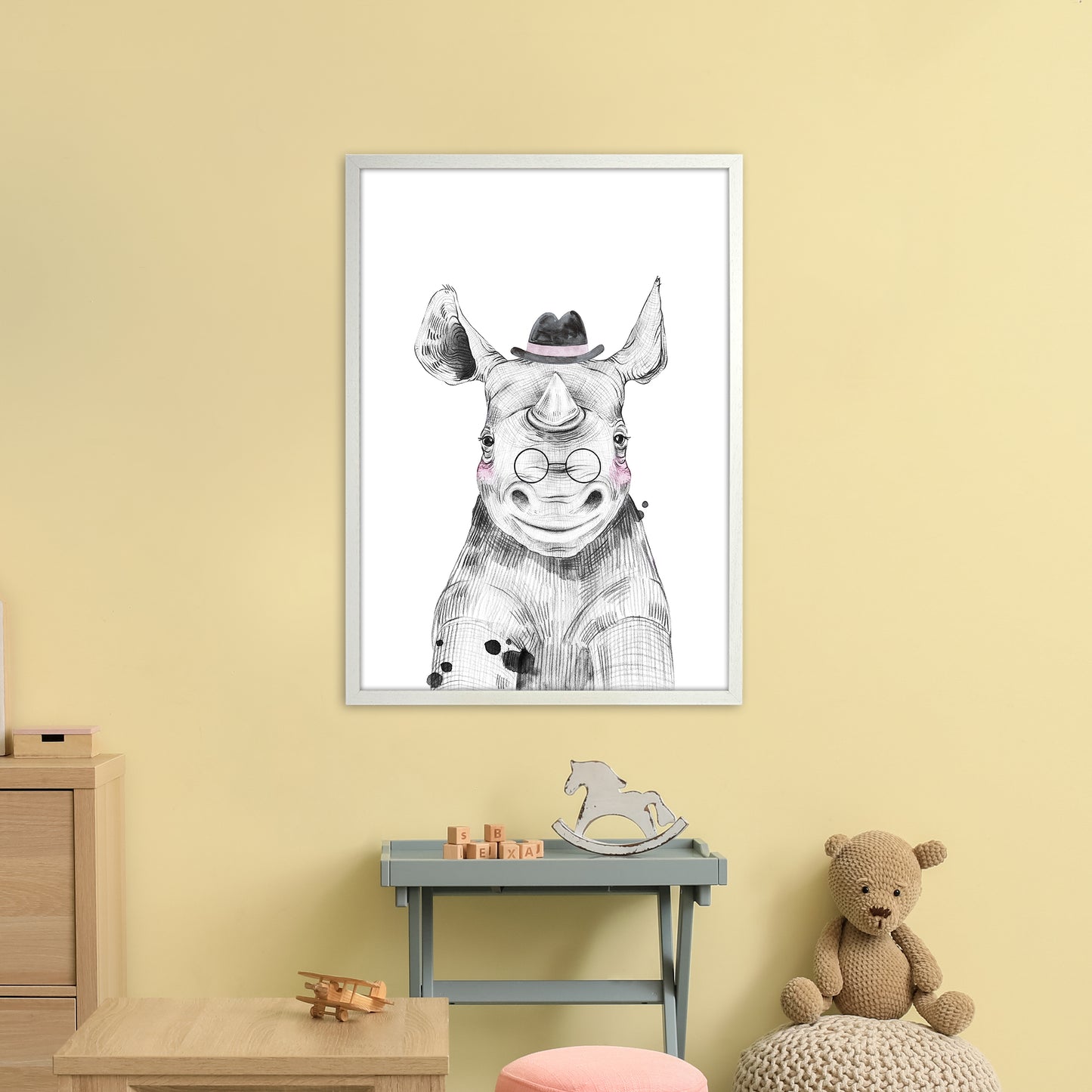 Safari Babies Rhino With Hat Art Print by Pixy Paper A1 Oak Frame