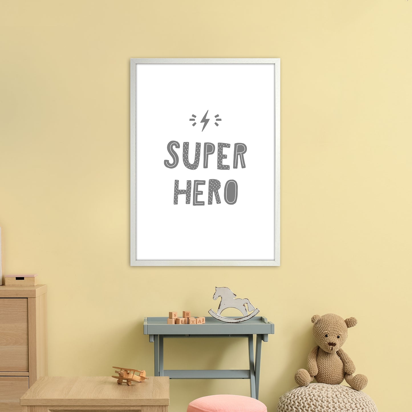 Super Hero Grey Super Scandi Art Print by Pixy Paper A1 Oak Frame