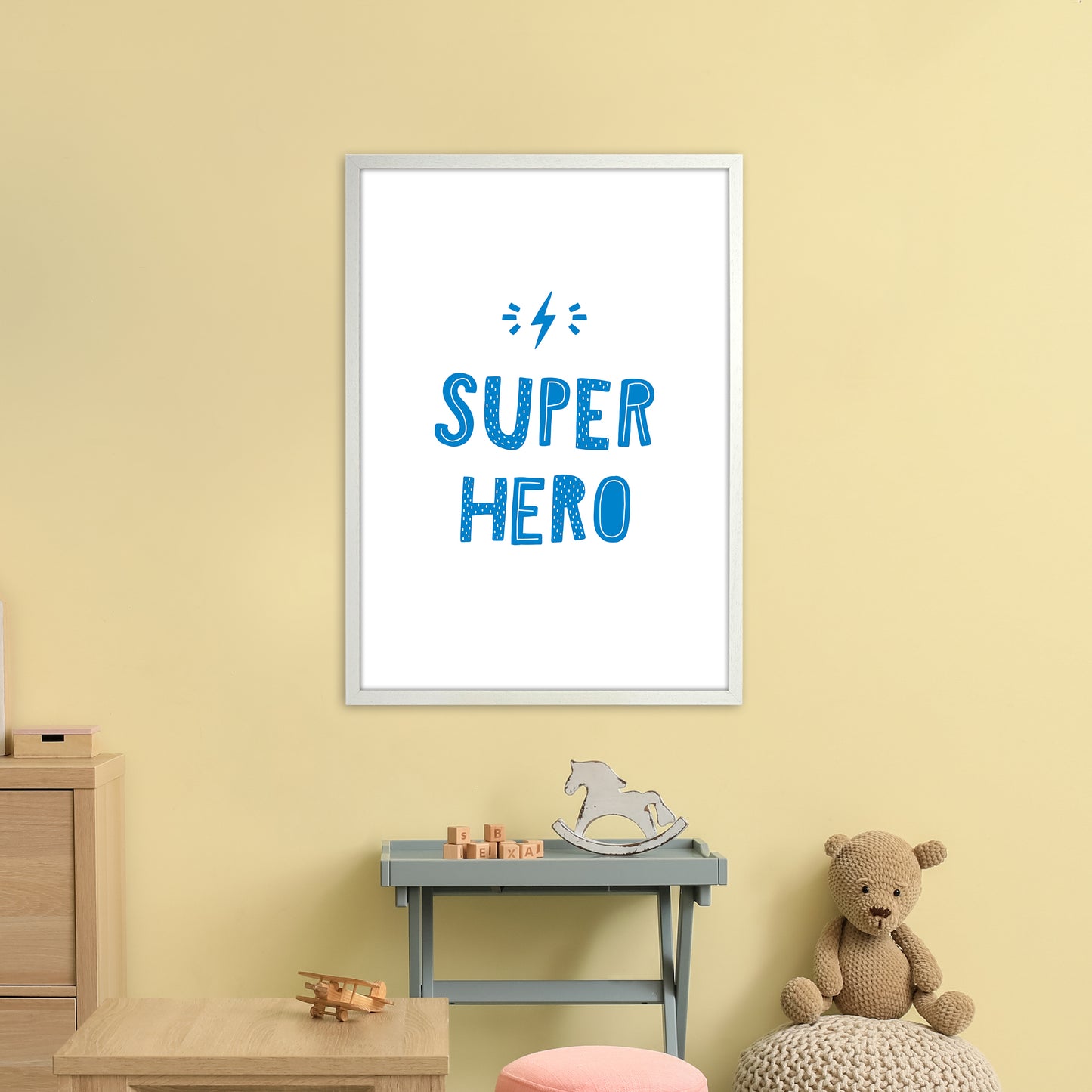 Super Hero Blue Super Scandi Art Print by Pixy Paper A1 Oak Frame