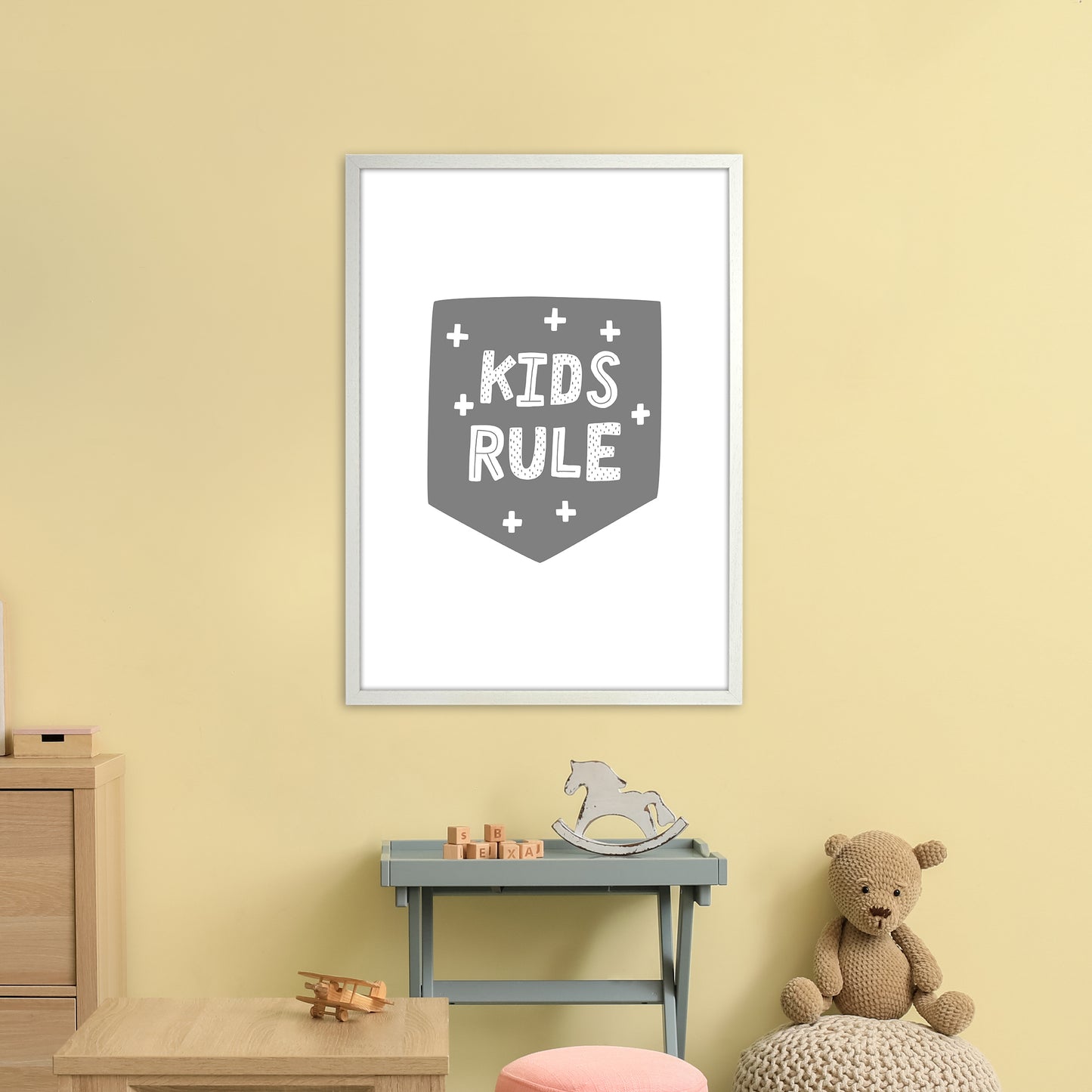 Kids Rule Super Scandi Grey Art Print by Pixy Paper A1 Oak Frame