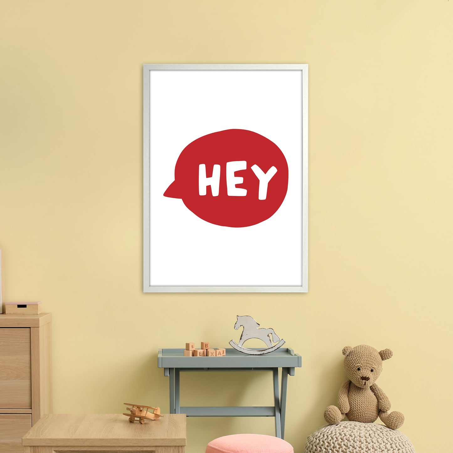 Hey Bubble Red Super Scandi Art Print by Pixy Paper A1 Oak Frame