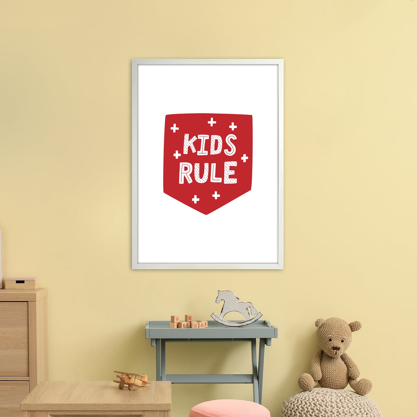 Kids Rule Red Super Scandi Art Print by Pixy Paper A1 Oak Frame
