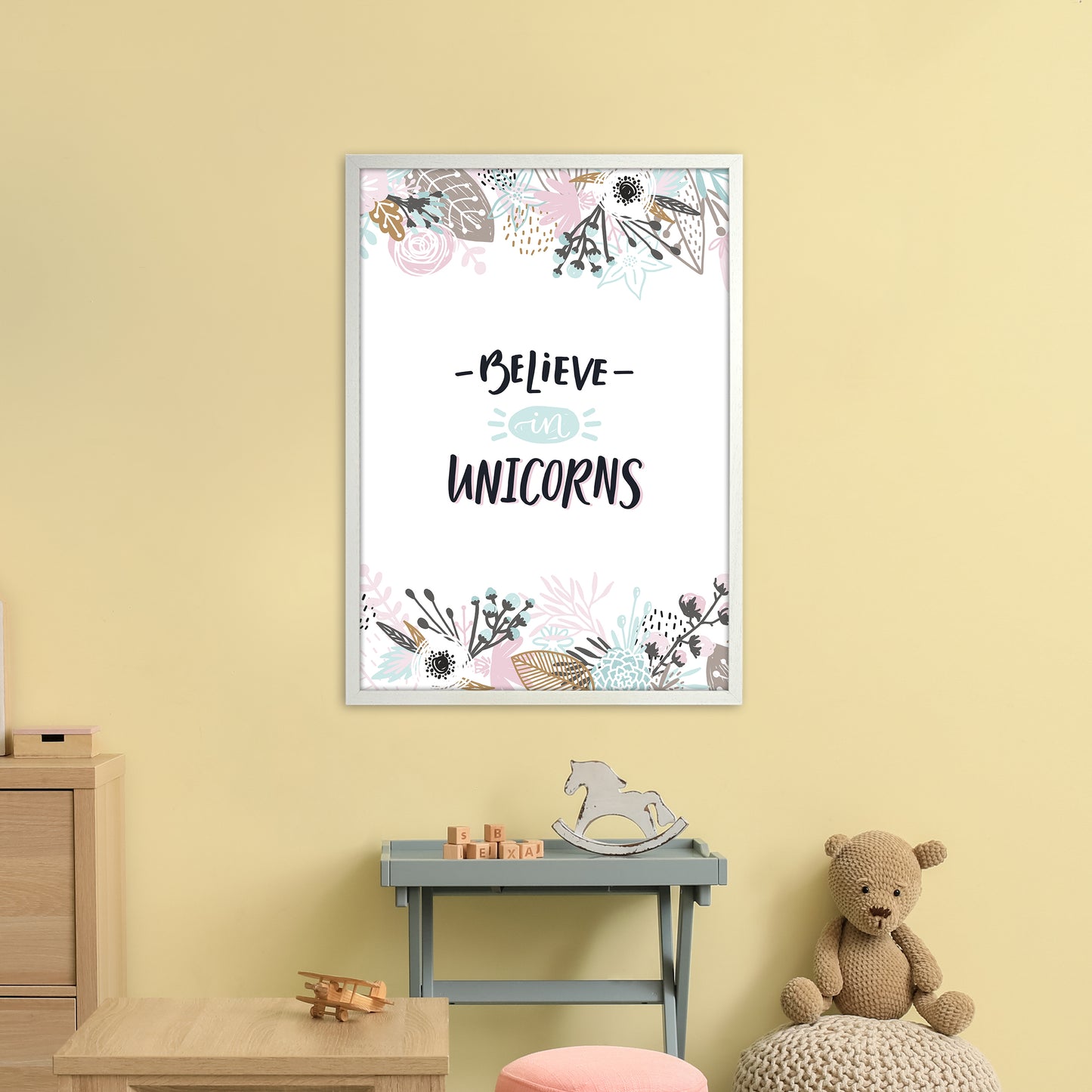 Believe In Unicorns Floral Art Print by Pixy Paper A1 Oak Frame