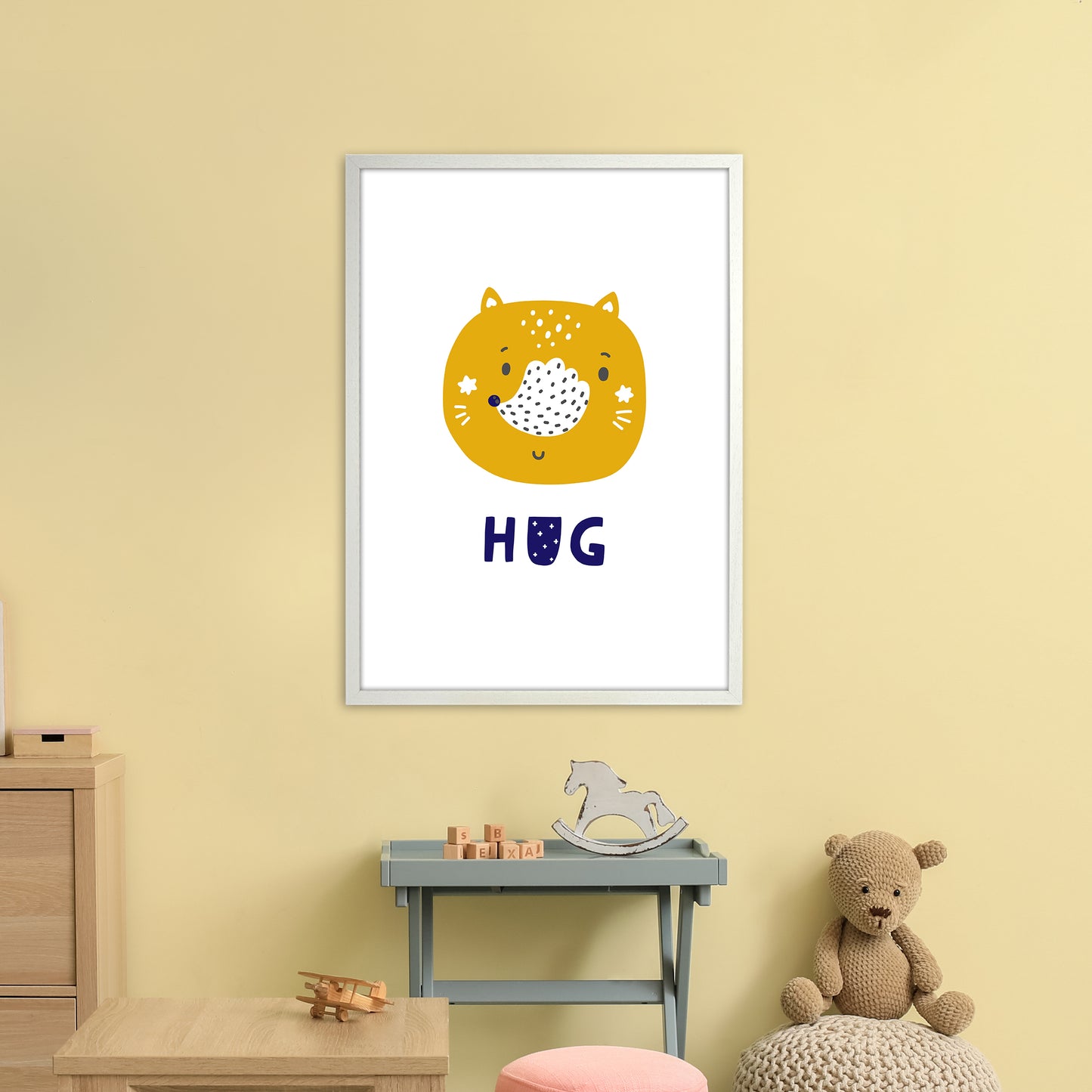Fox Hug Navy Super Scandi Art Print by Pixy Paper A1 Oak Frame