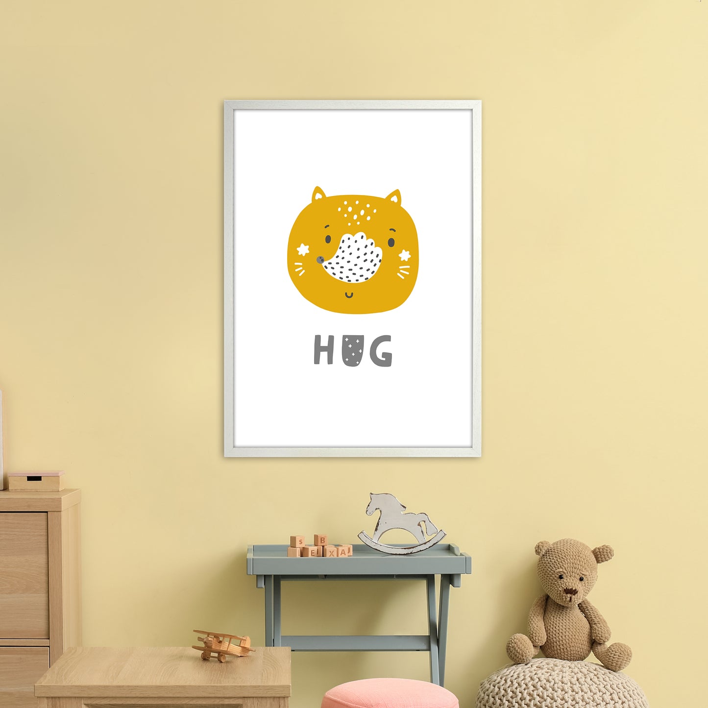 Fox Hug Super Scandi Grey Art Print by Pixy Paper A1 Oak Frame