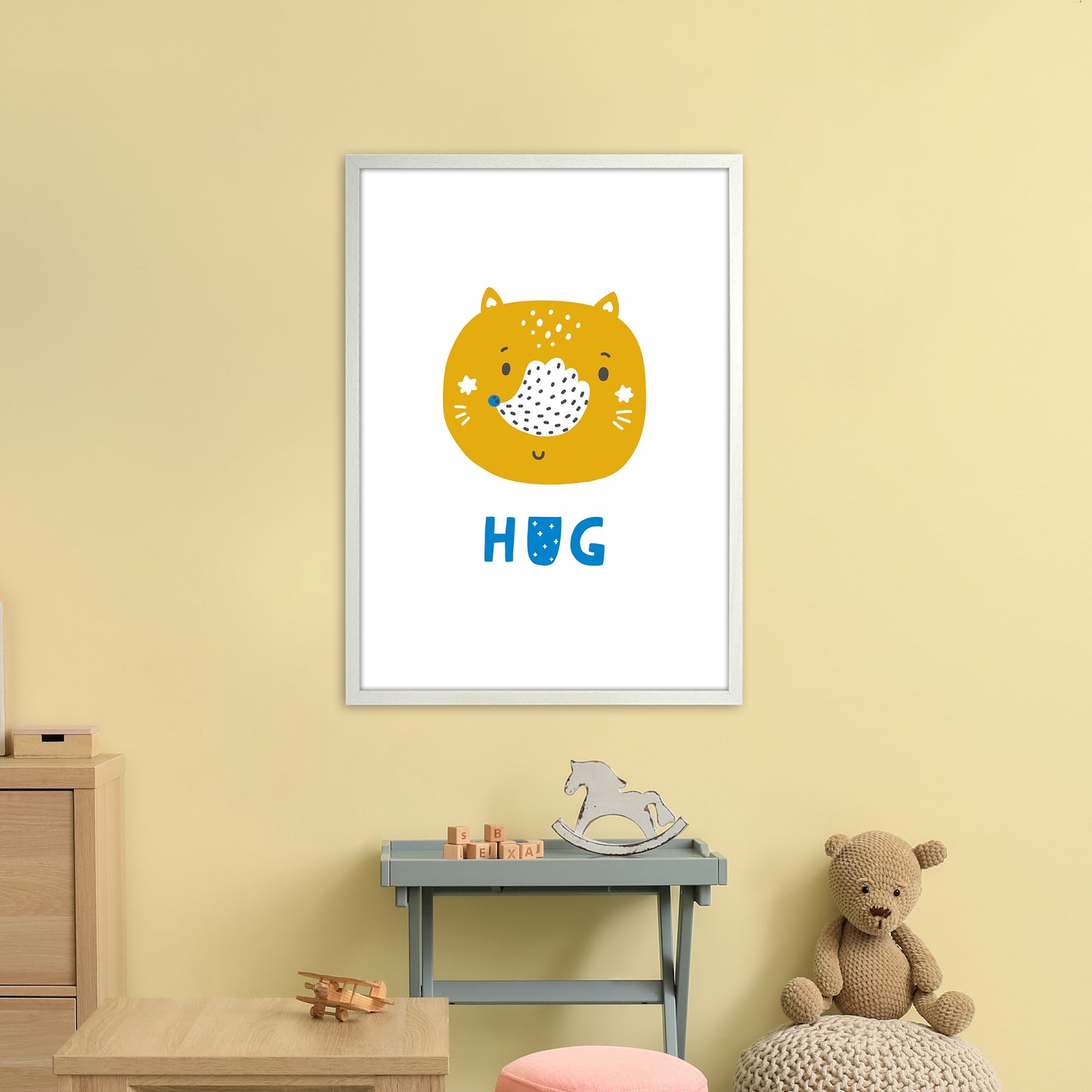 Fox Hug Blue Super Scandi Art Print by Pixy Paper A1 Oak Frame