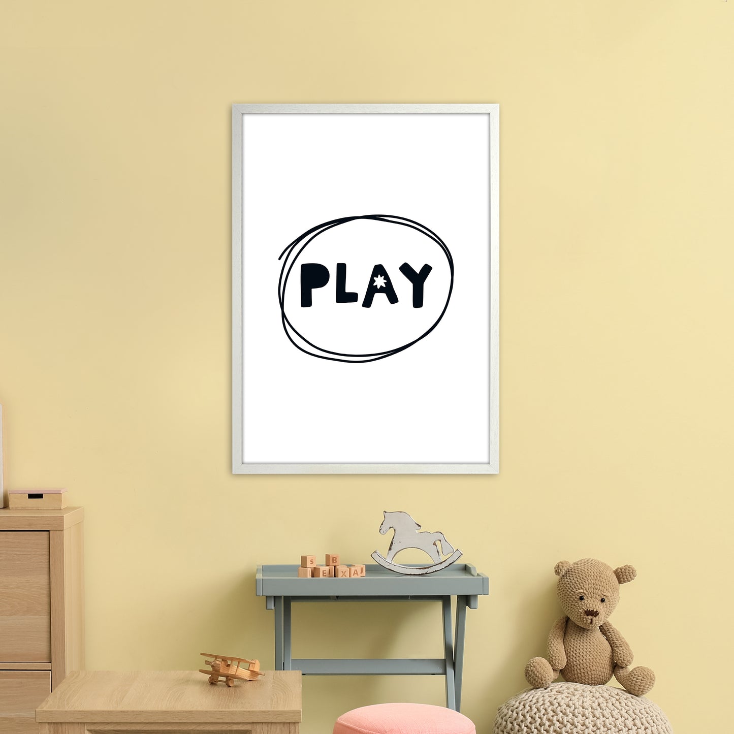 Play Super Scandi Black Art Print by Pixy Paper A1 Oak Frame