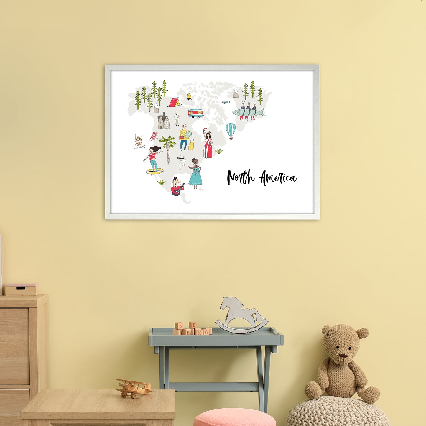 North America Map Art Print by Pixy Paper A1 Oak Frame