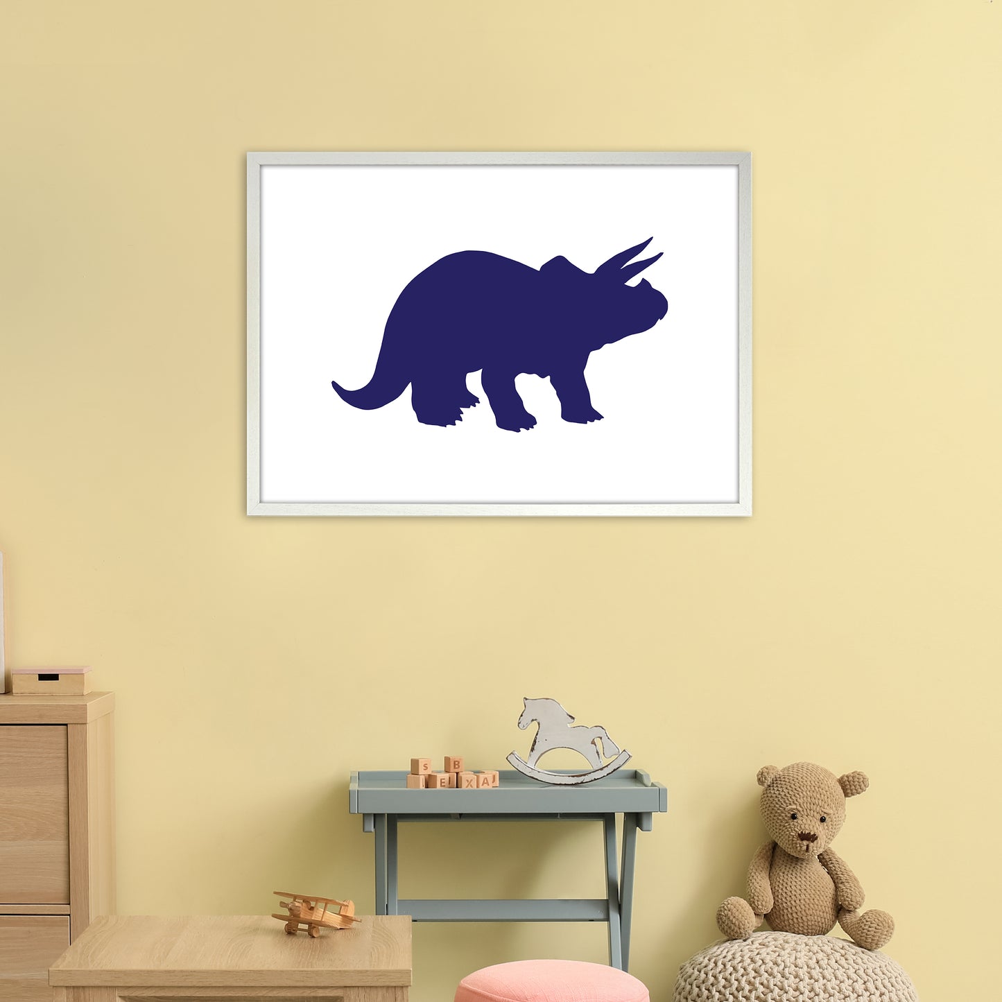 Triceratops Navy Art Print by Pixy Paper A1 Oak Frame