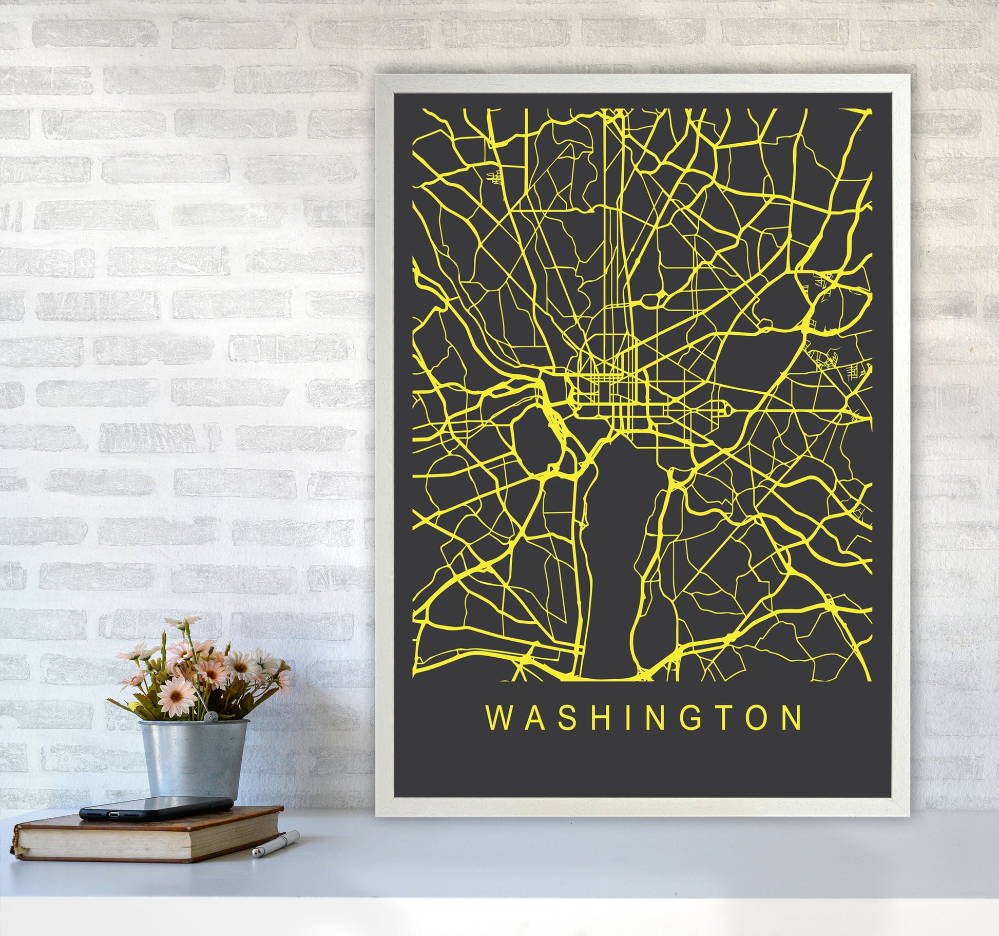 Washington Map Neon Art Print by Pixy Paper A1 Oak Frame
