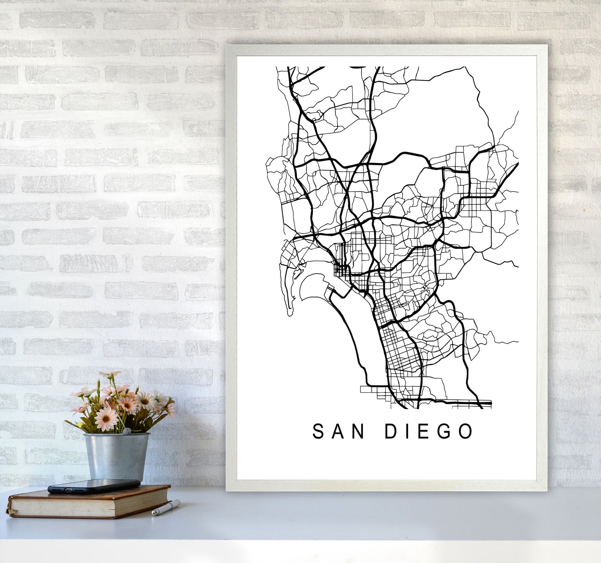 San Diego Map Art Print by Pixy Paper A1 Oak Frame