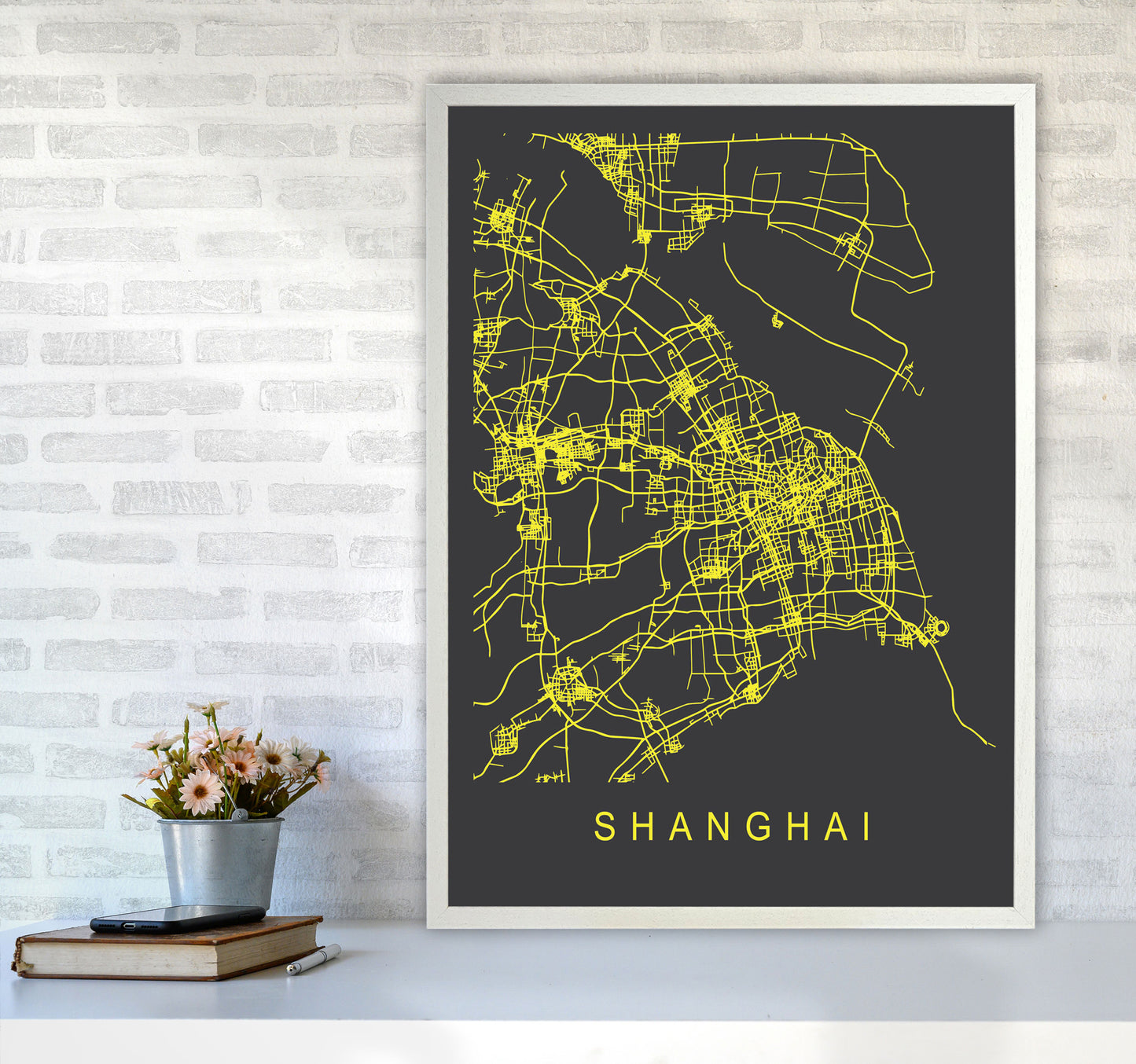 Shanghai Map Neon Art Print by Pixy Paper A1 Oak Frame