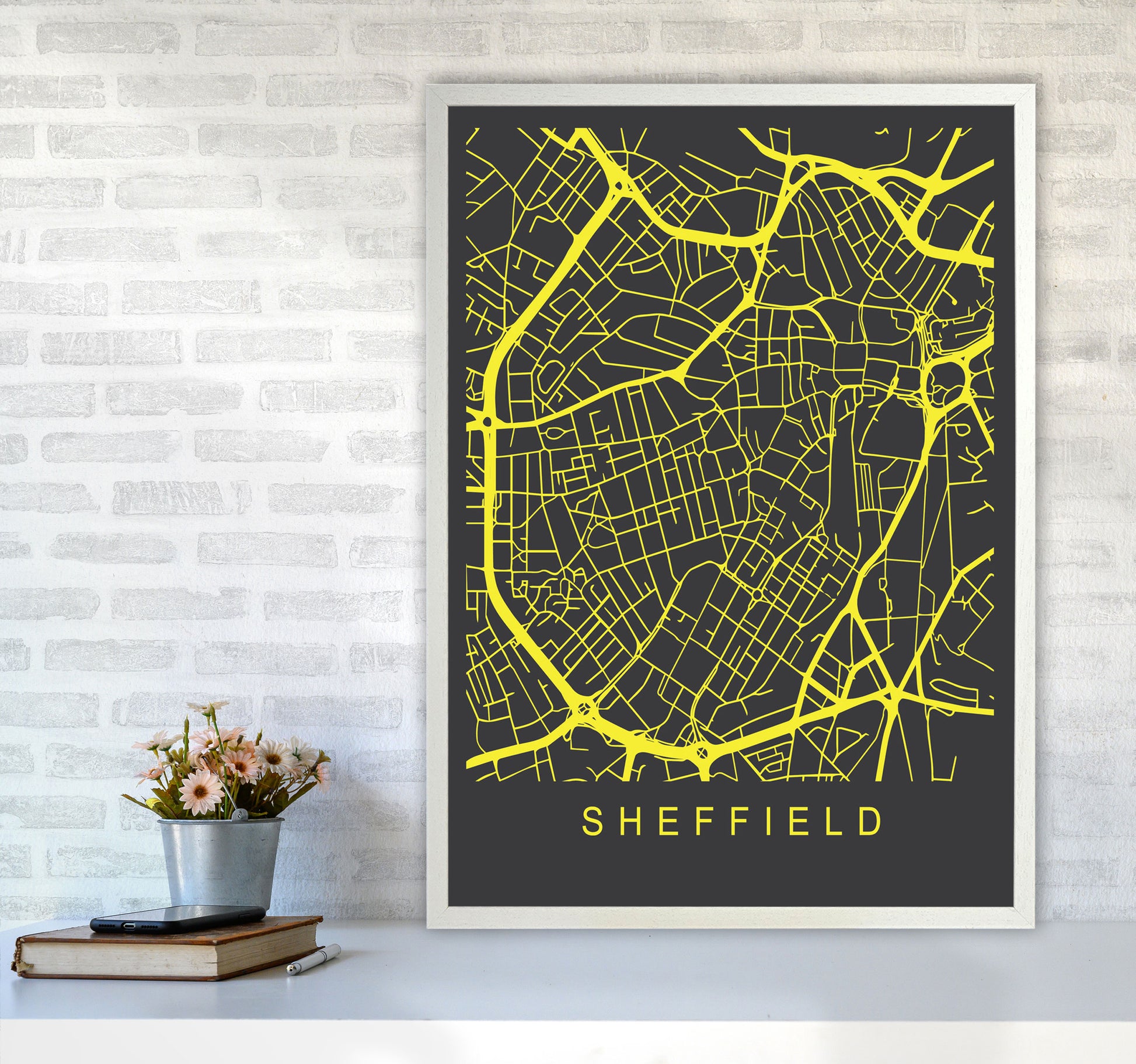 Sheffield Map Neon Art Print by Pixy Paper A1 Oak Frame