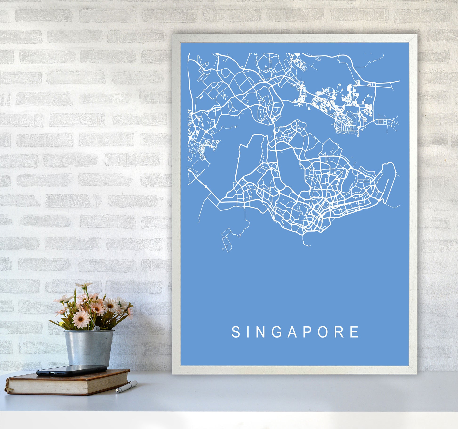 Singapore Map Blueprint Art Print by Pixy Paper A1 Oak Frame