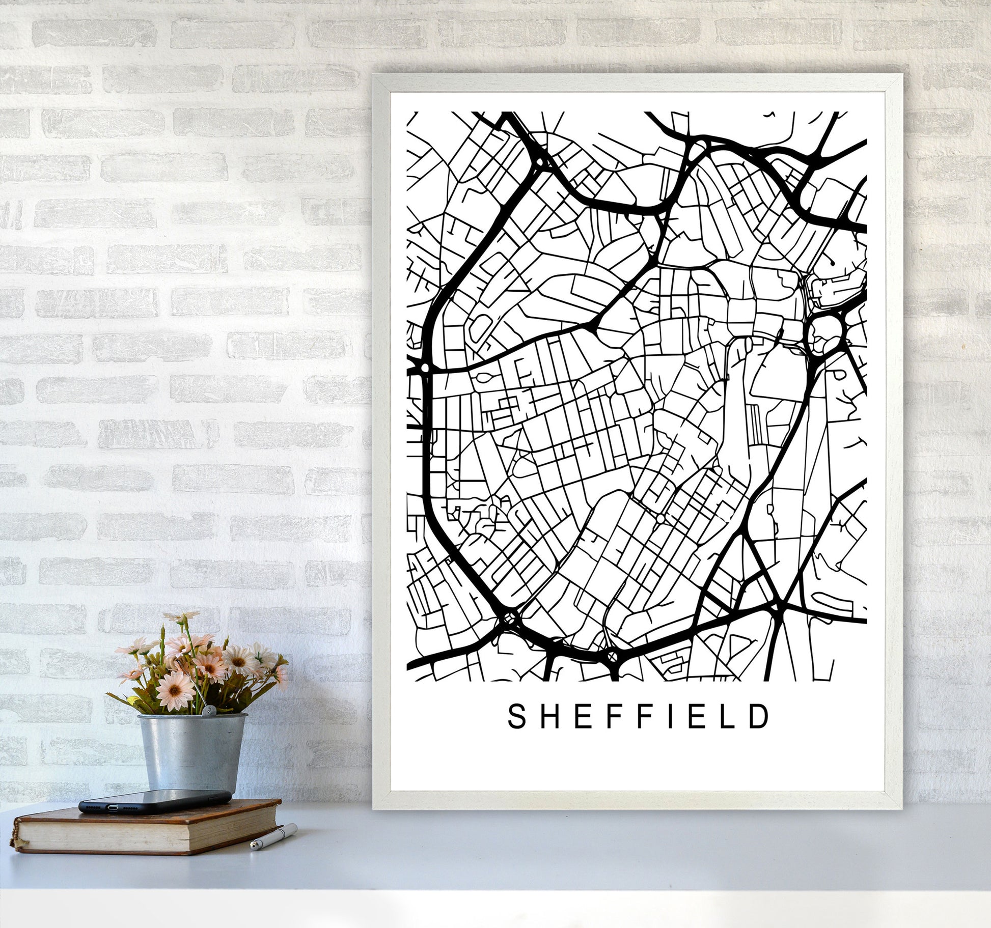 Sheffield Map Art Print by Pixy Paper A1 Oak Frame