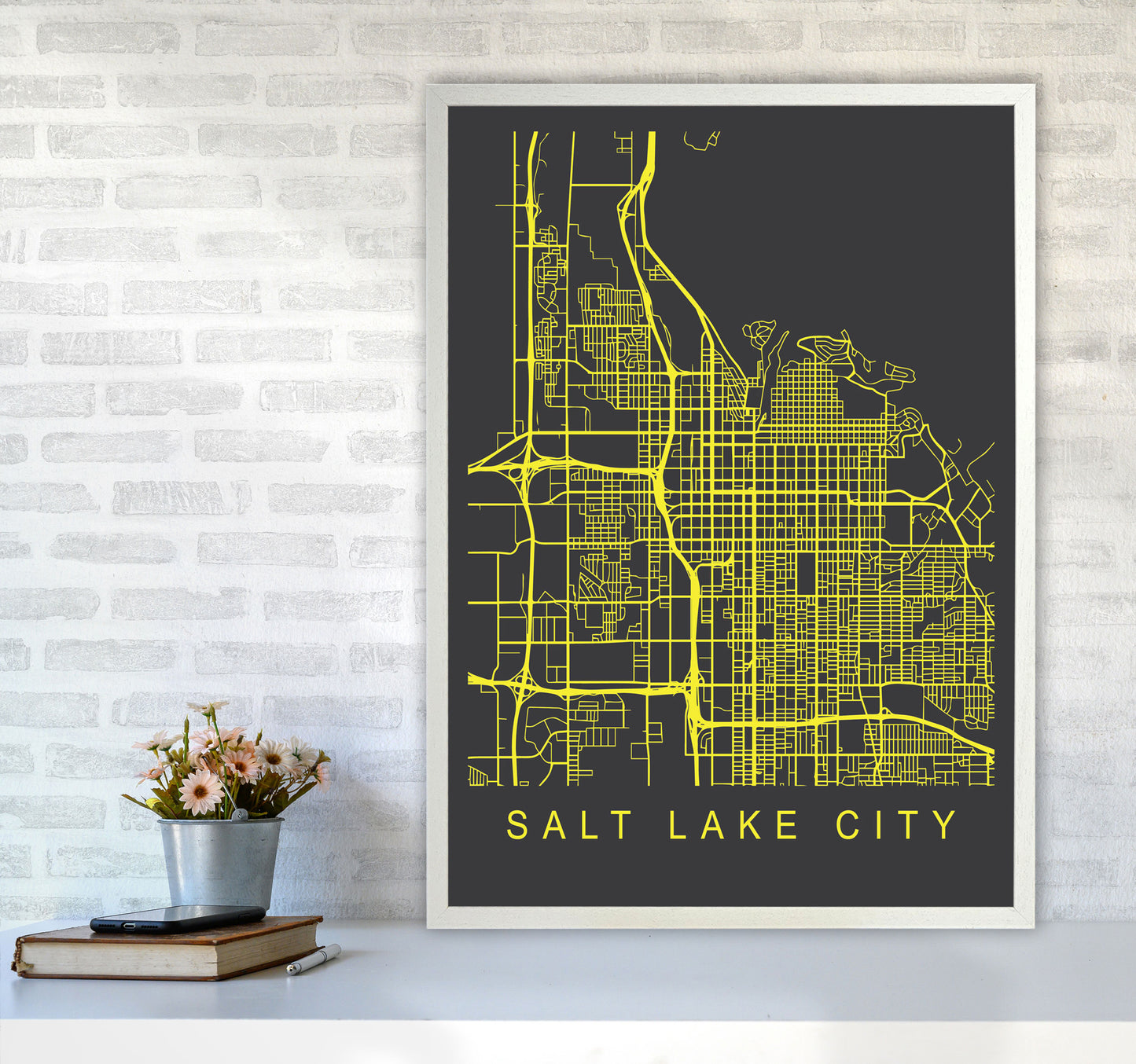Salt Lake City Map Neon Art Print by Pixy Paper A1 Oak Frame