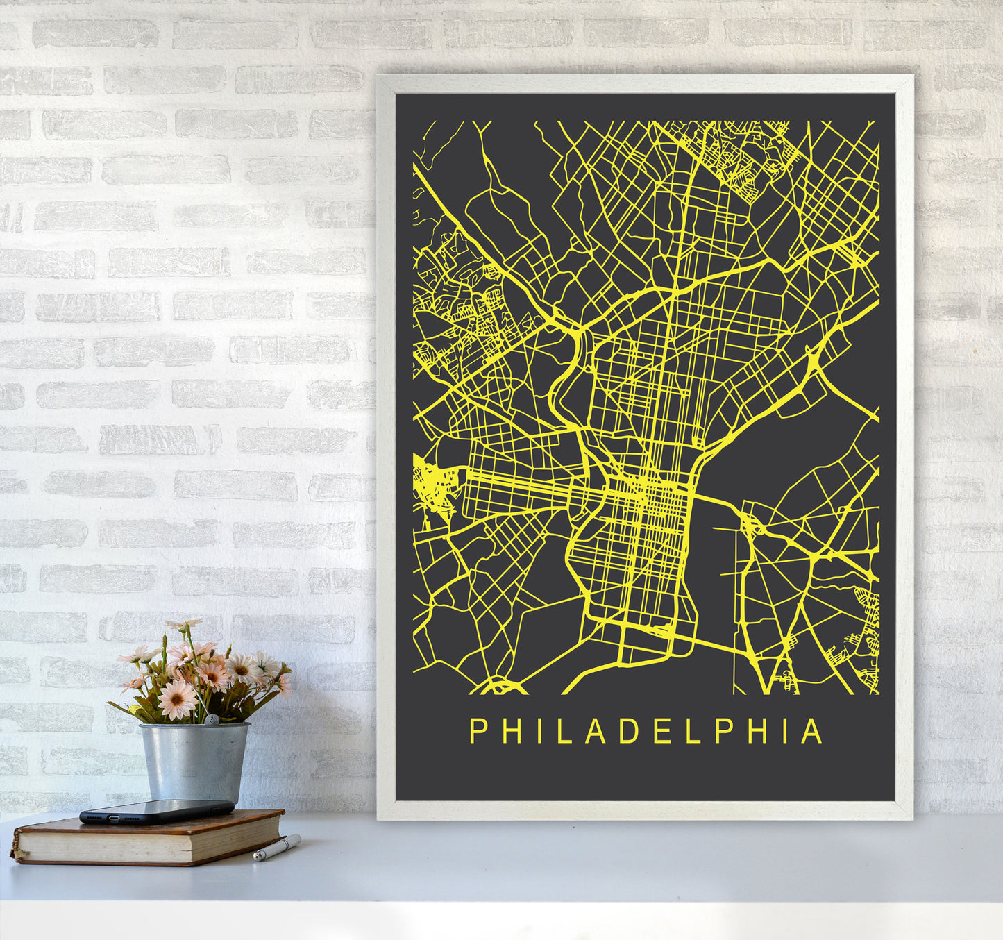 Philadelphia Map Neon Art Print by Pixy Paper A1 Oak Frame