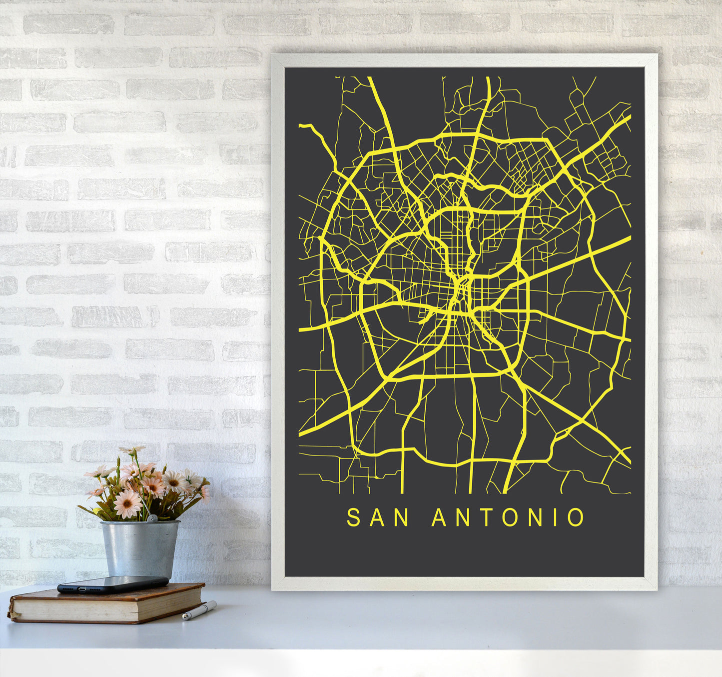 San Antonio Map Neon Art Print by Pixy Paper A1 Oak Frame