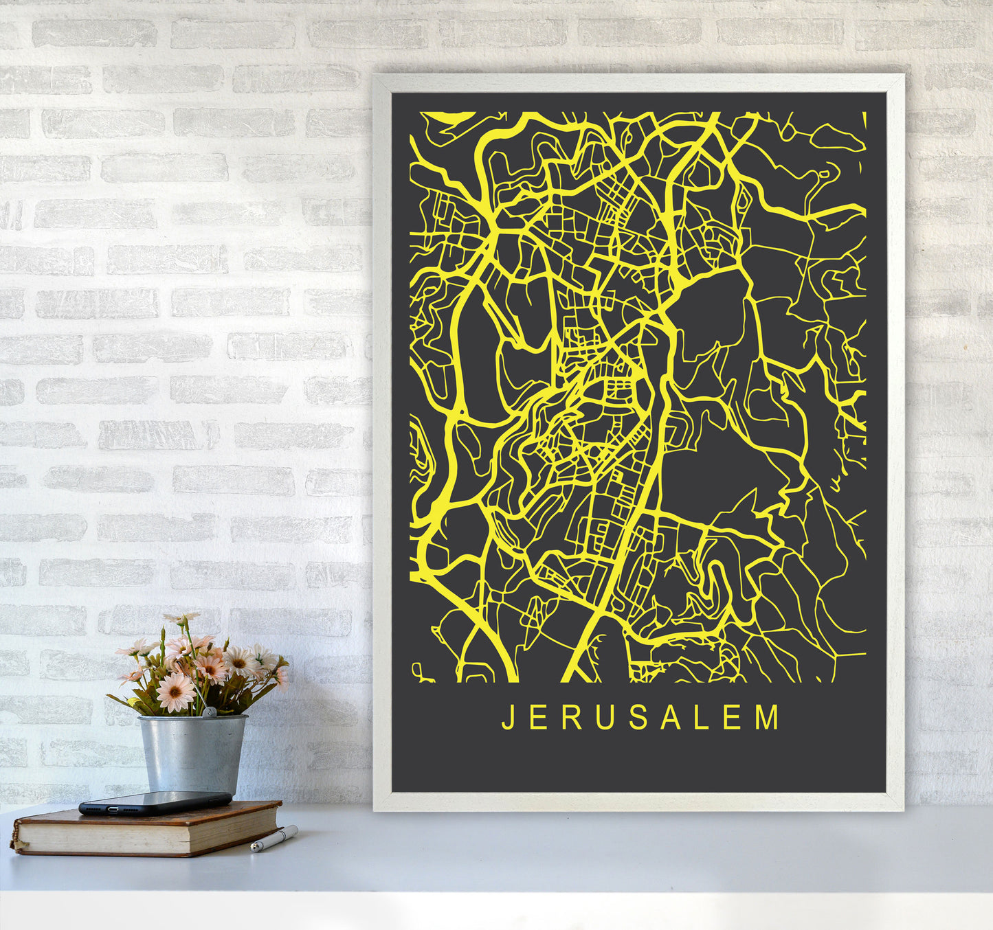 Jerusalem Map Neon Art Print by Pixy Paper A1 Oak Frame