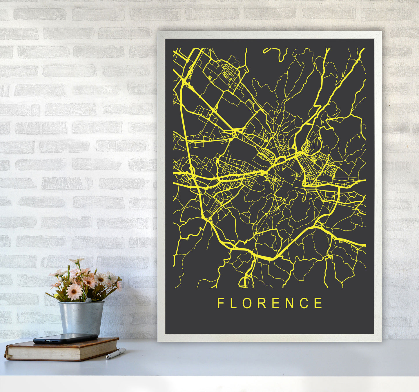Florence Map Neon Art Print by Pixy Paper A1 Oak Frame