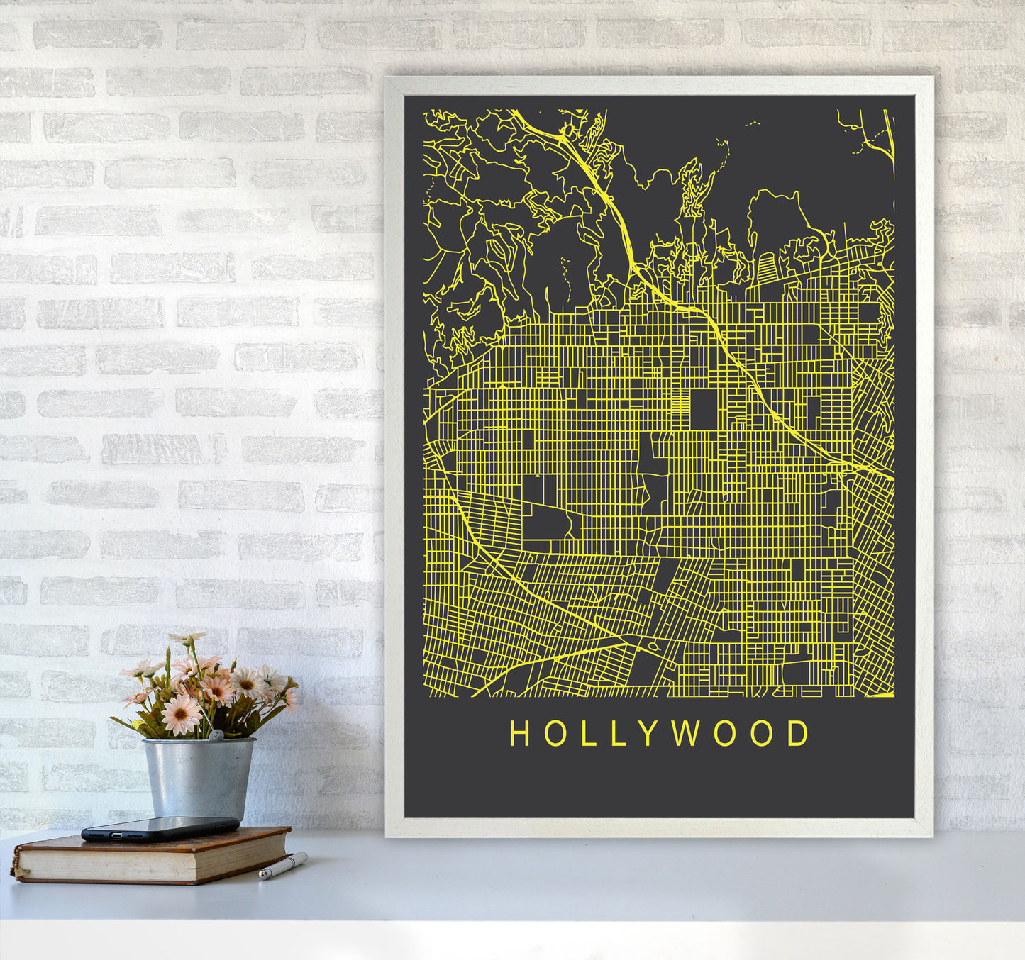 Hollywood Map Neon Art Print by Pixy Paper A1 Oak Frame