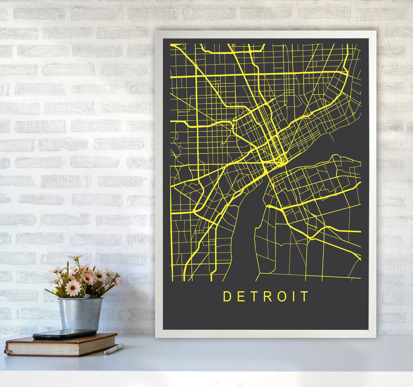 Detroit Map Neon Art Print by Pixy Paper A1 Oak Frame