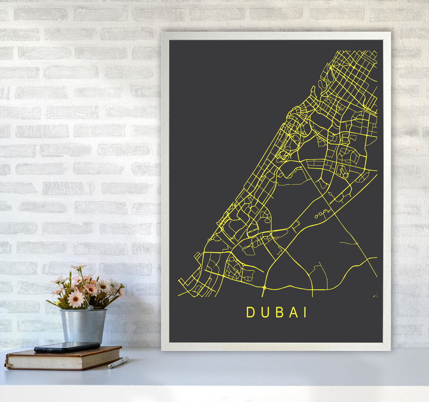 Dubai Map Neon Art Print by Pixy Paper A1 Oak Frame