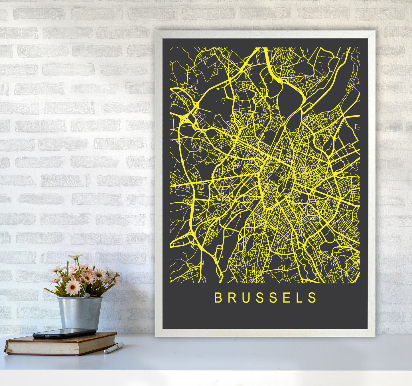 Brussels Map Neon Art Print by Pixy Paper A1 Oak Frame