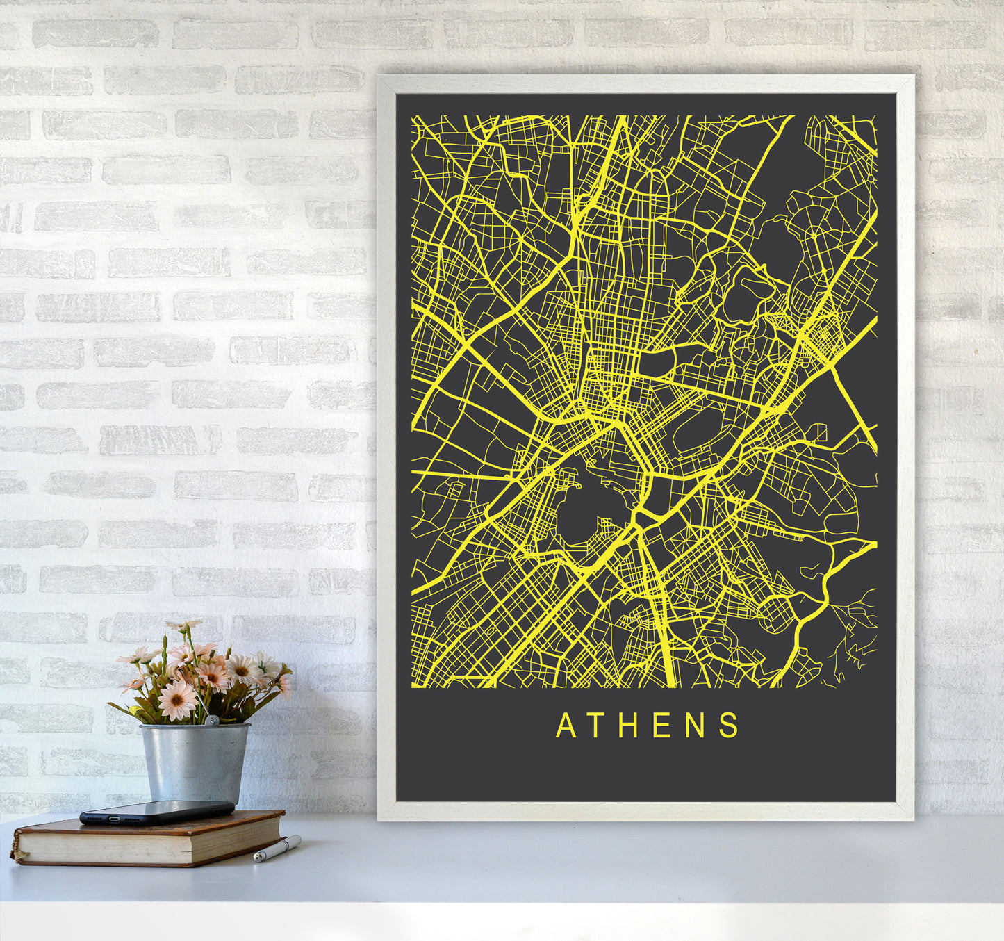 Athens Map Neon Art Print by Pixy Paper A1 Oak Frame