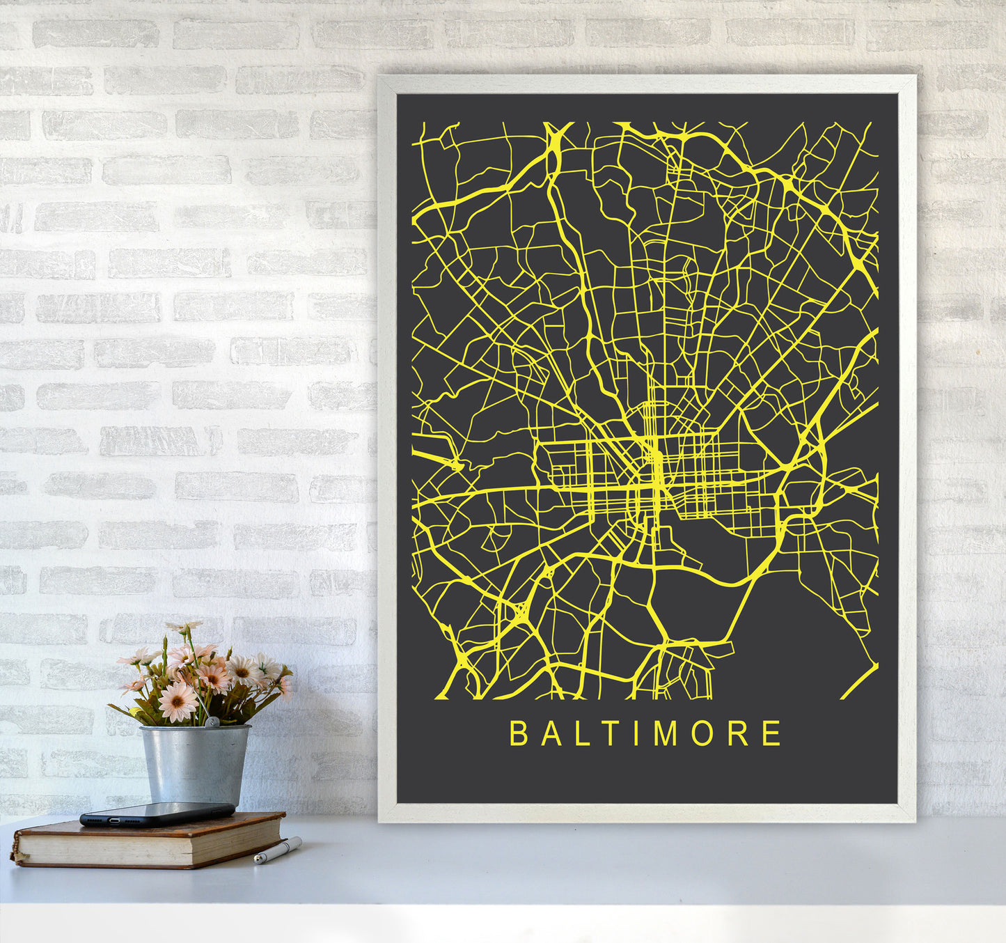 Baltimore Map Neon Art Print by Pixy Paper A1 Oak Frame