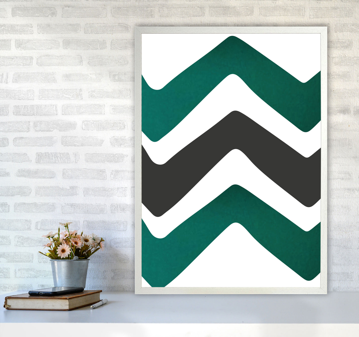 Zig zags emerald Art Print by Pixy Paper A1 Oak Frame