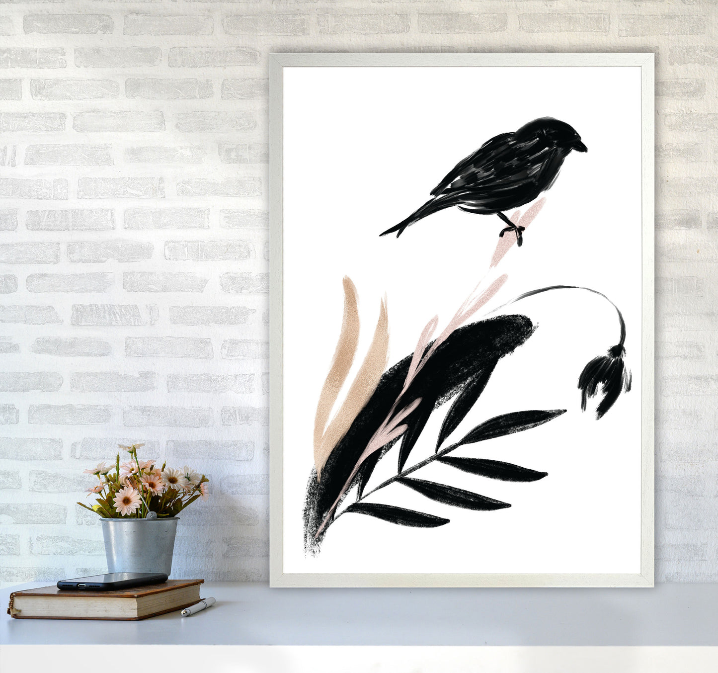 Delicate Floral Bird 04 Art Print by Pixy Paper A1 Oak Frame