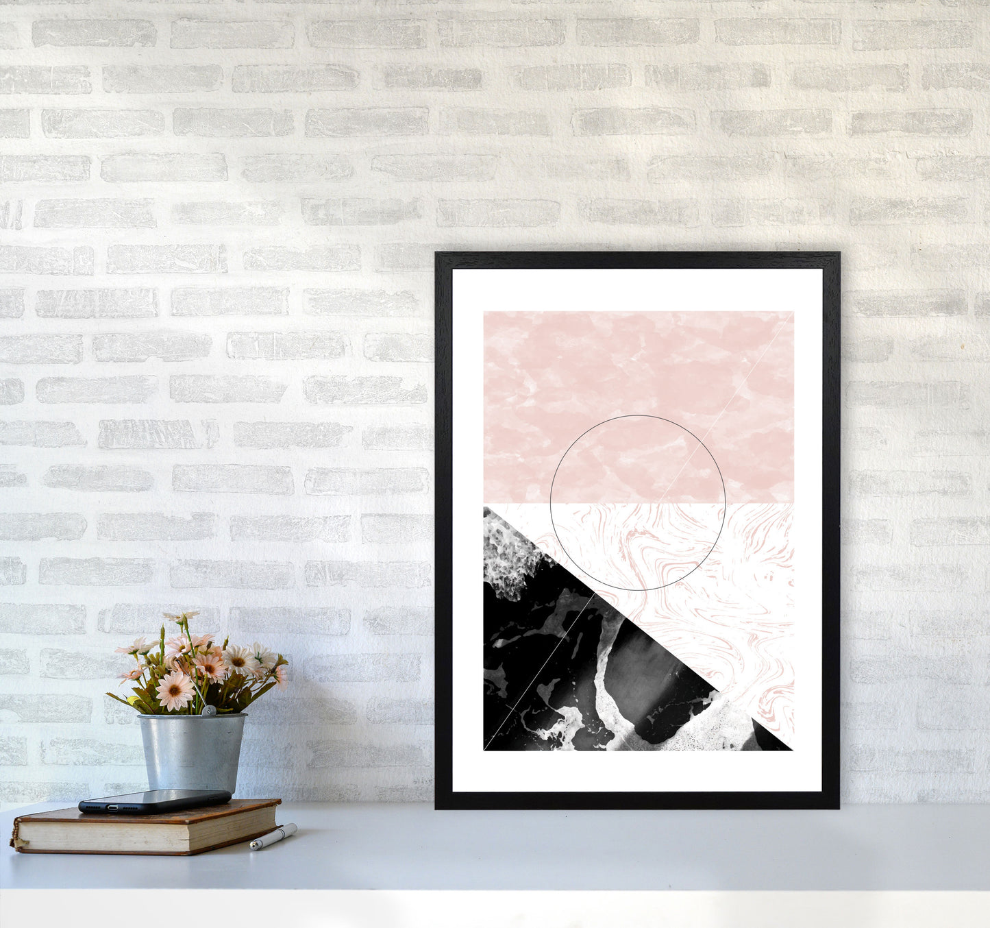 Black And Pink Marble Abstract Rectangle Shapes Modern Print A2 White Frame