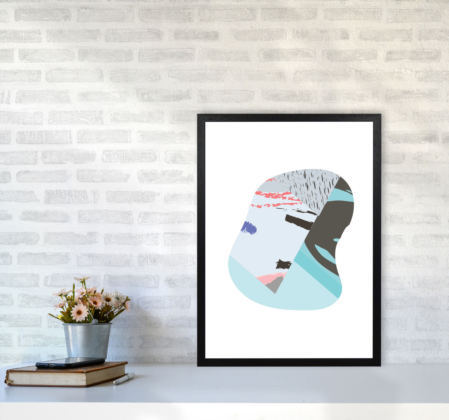 Teal Abstract Patterns Shape Modern Print A2 White Frame
