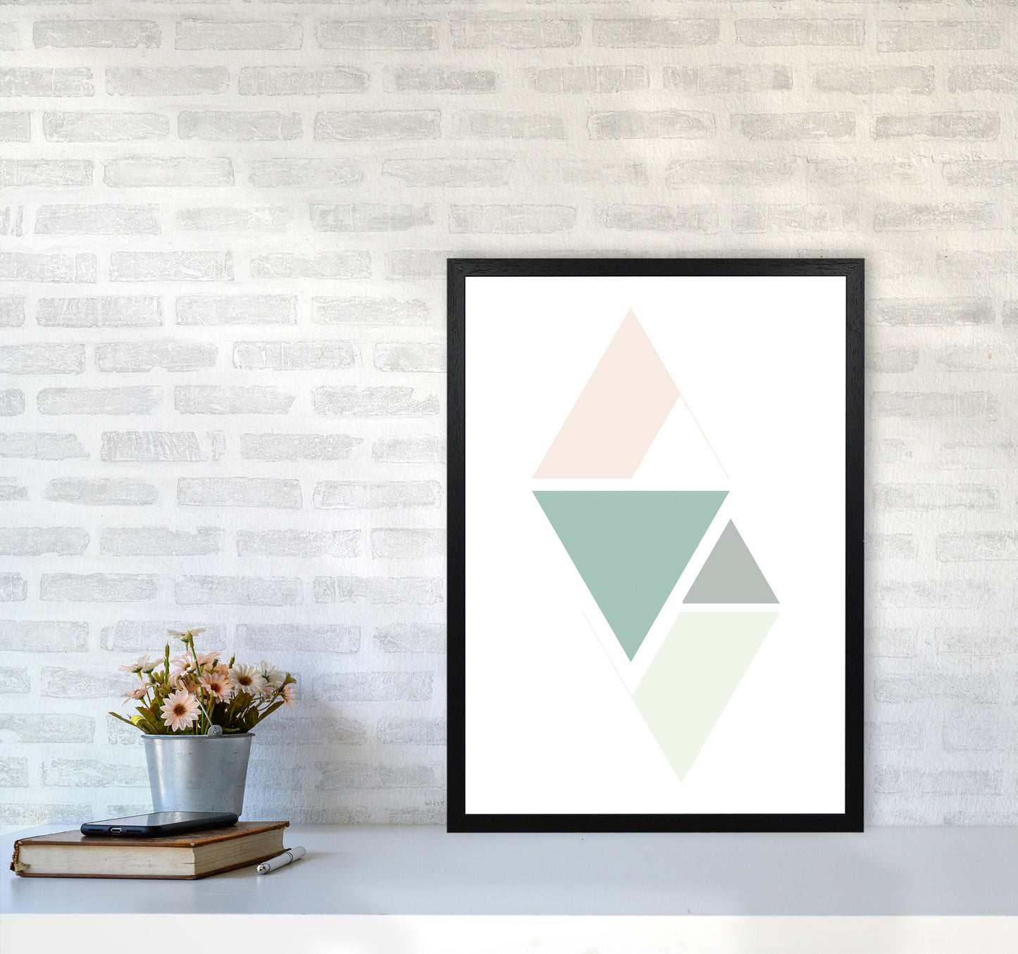 Peach, Green And Grey Abstract Triangles Modern Print A2 White Frame