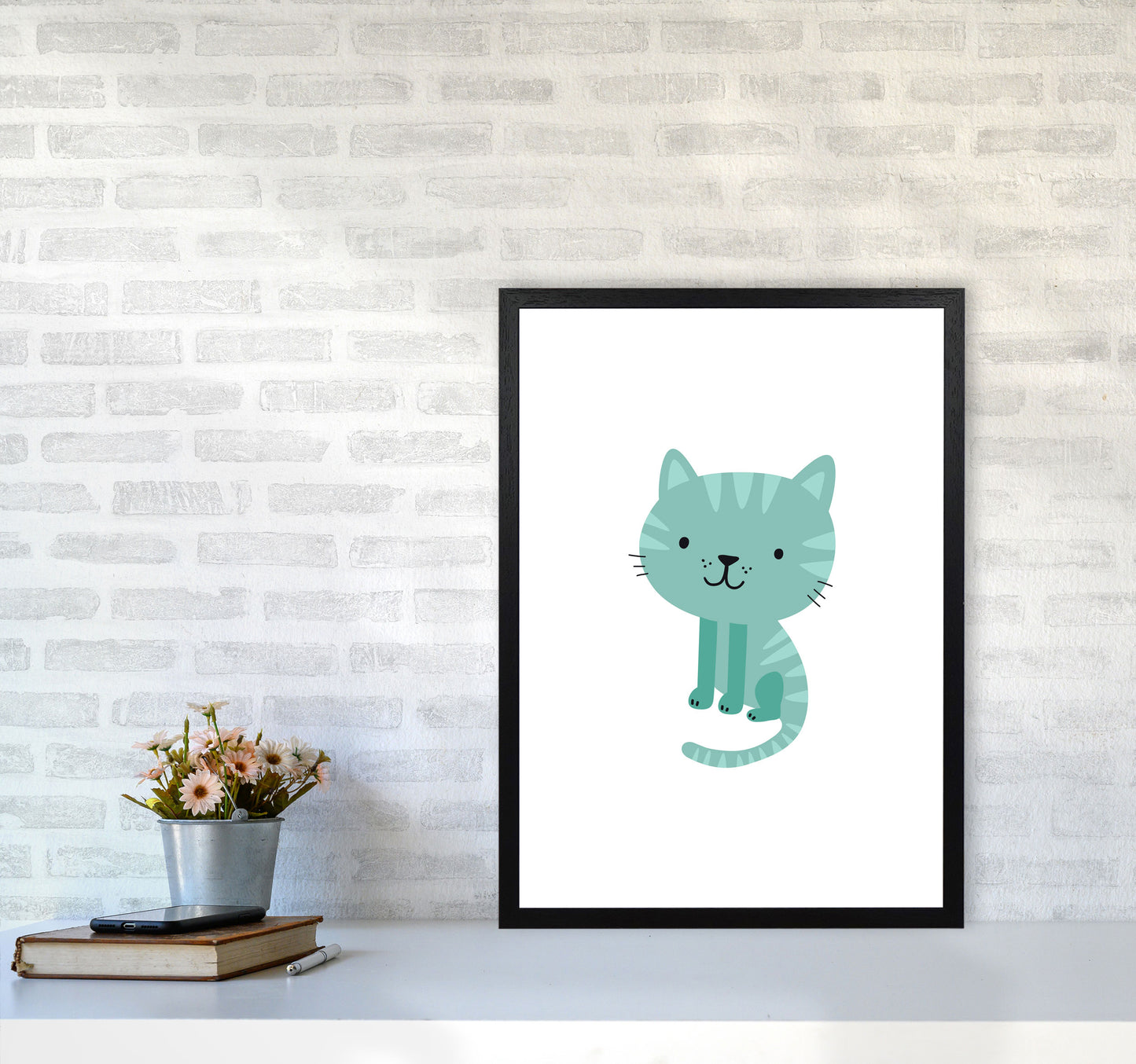 Children's Animals, Cat Modern Print A2 White Frame